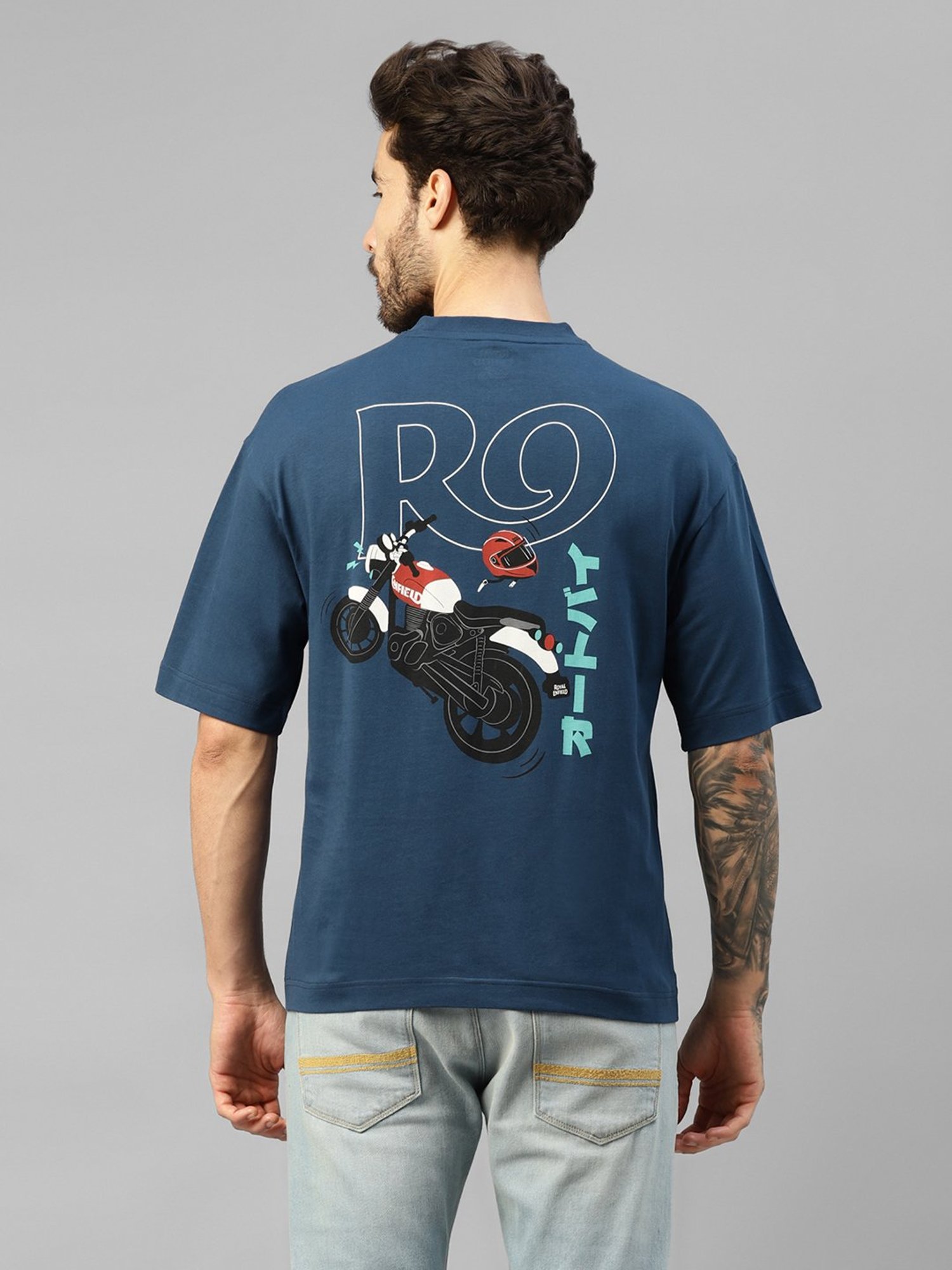 Royal Enfield Blue Regular Fit Printed Oversized Crew T-Shirt