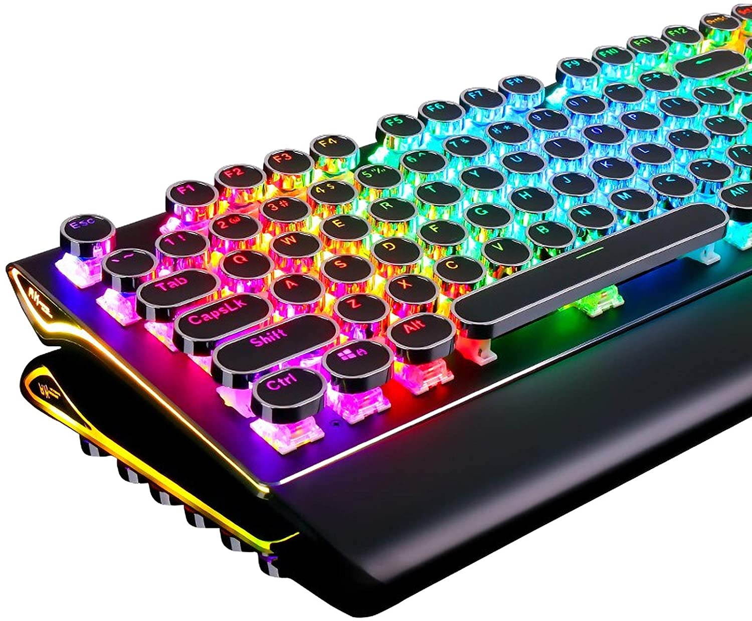 CUUWE RK Typewriter Style Mechanical Gaming Keyboard with True RGB Backlit, Collapsible Wrist Rest, 108-Key Anti-Ghosting Blue Switch Retro Steampunk Vintage Round Keycaps, Metal Panel Wired USB