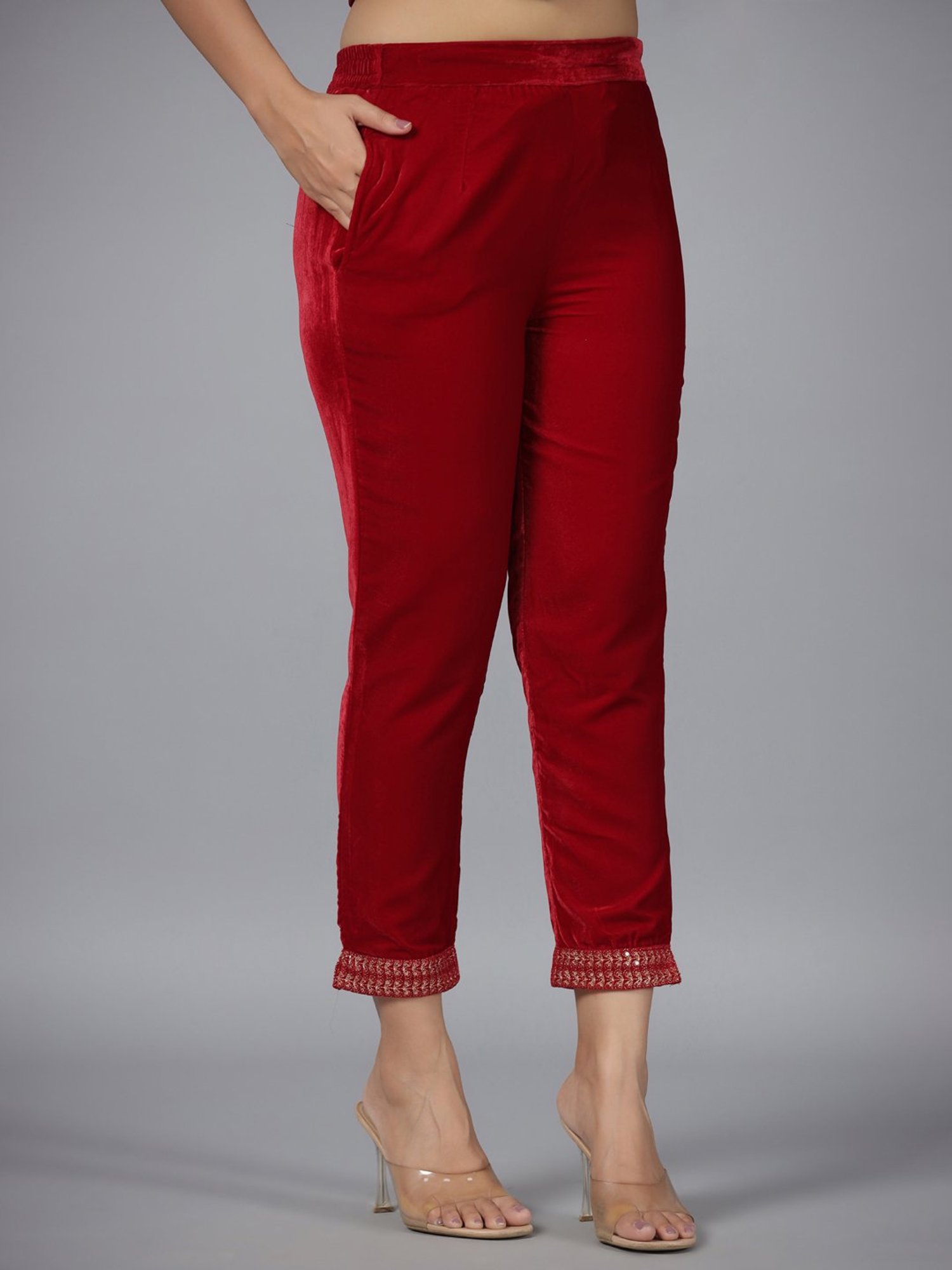 Juniper Maroon Velvet Embroidered Kurta & Pants Set with Zari & Sequences