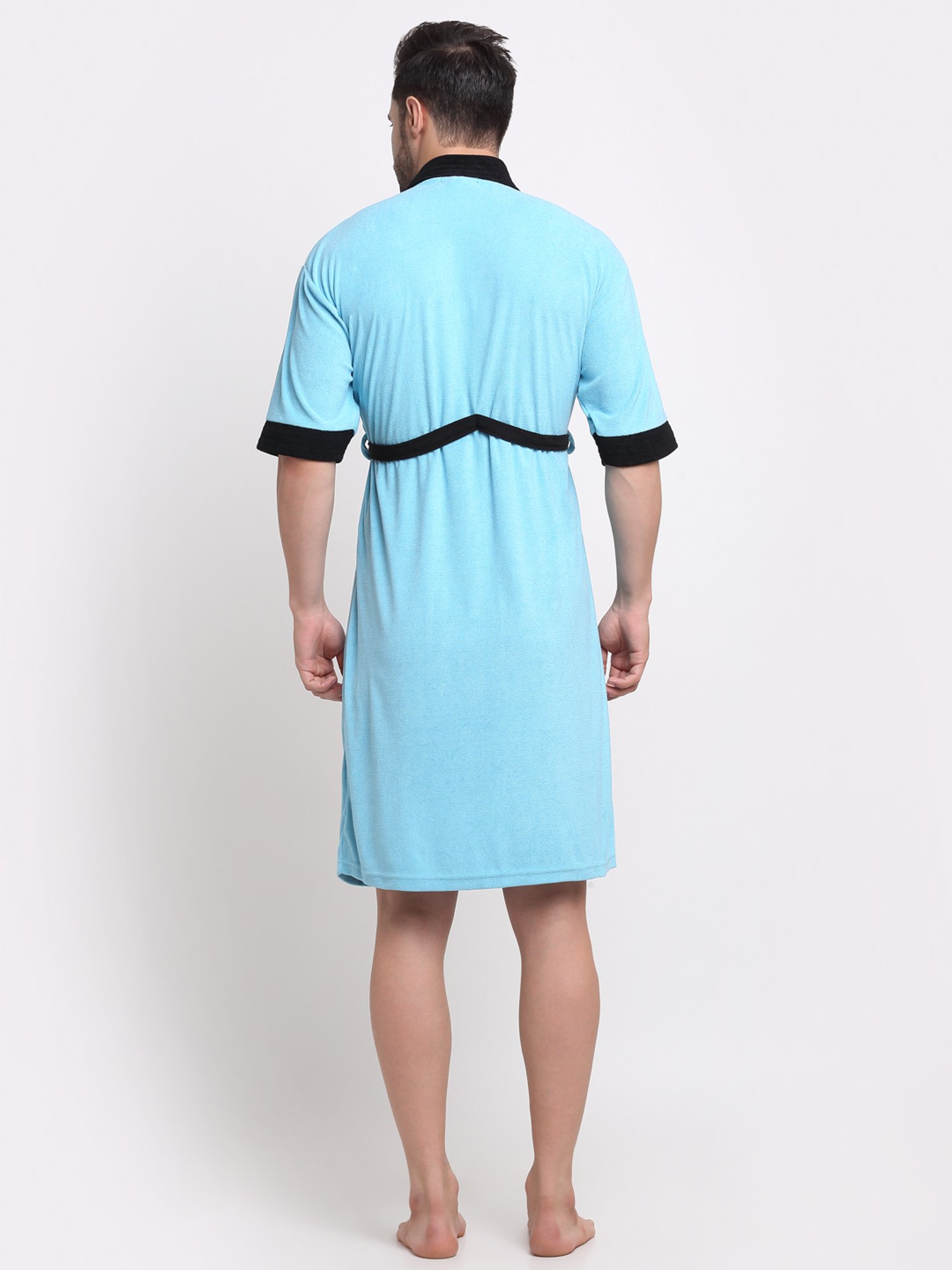 Creeva Everyday Ocean Blue & Black 225 GSM Micro Terry Bathrobe with Front Pocket & Kimono Collar