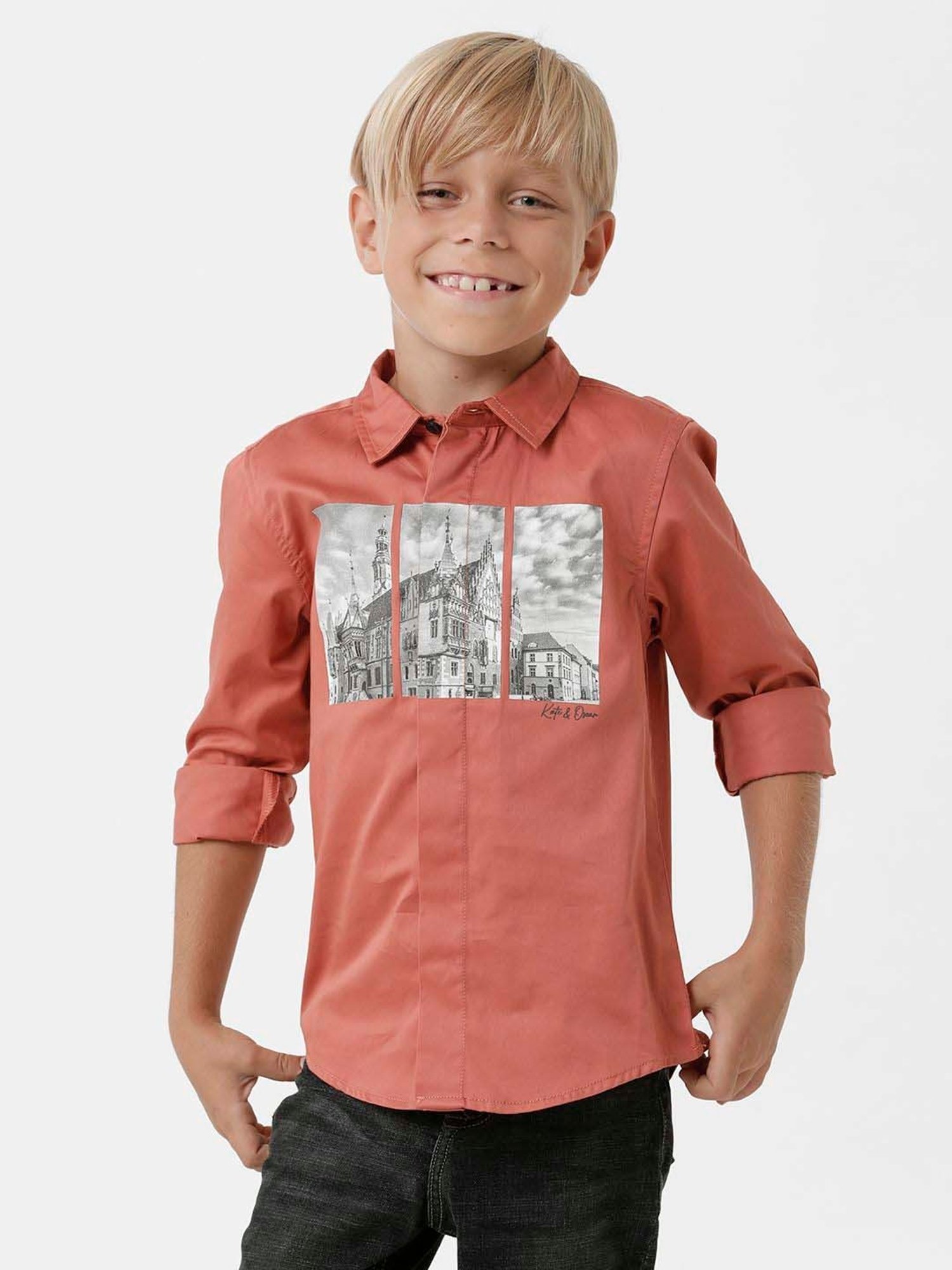 Kate & Oscar Kids Rust Printed Full Sleeves Shirt