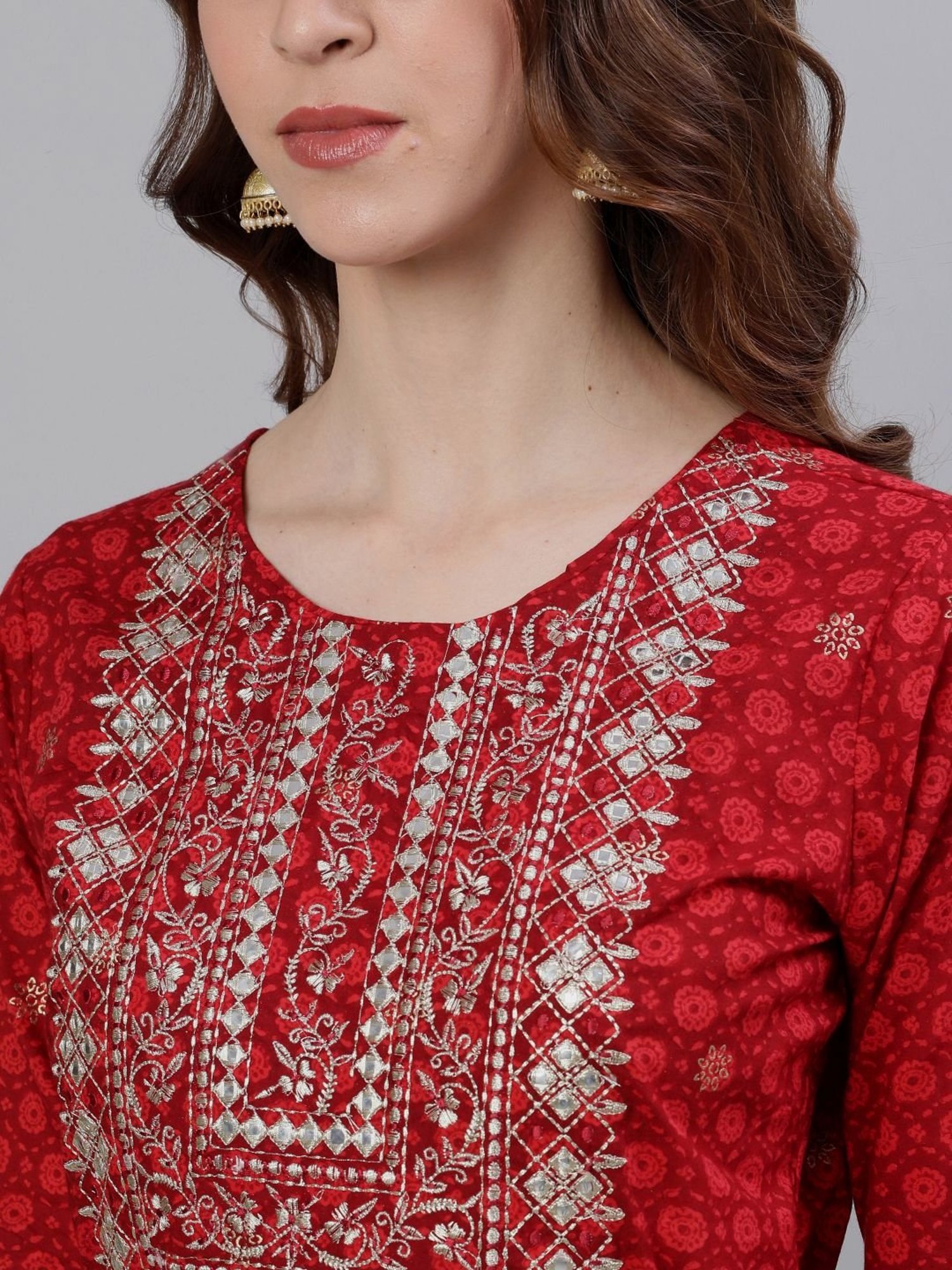 Ishin Maroon Cotton Embellished Anarkali Kurta