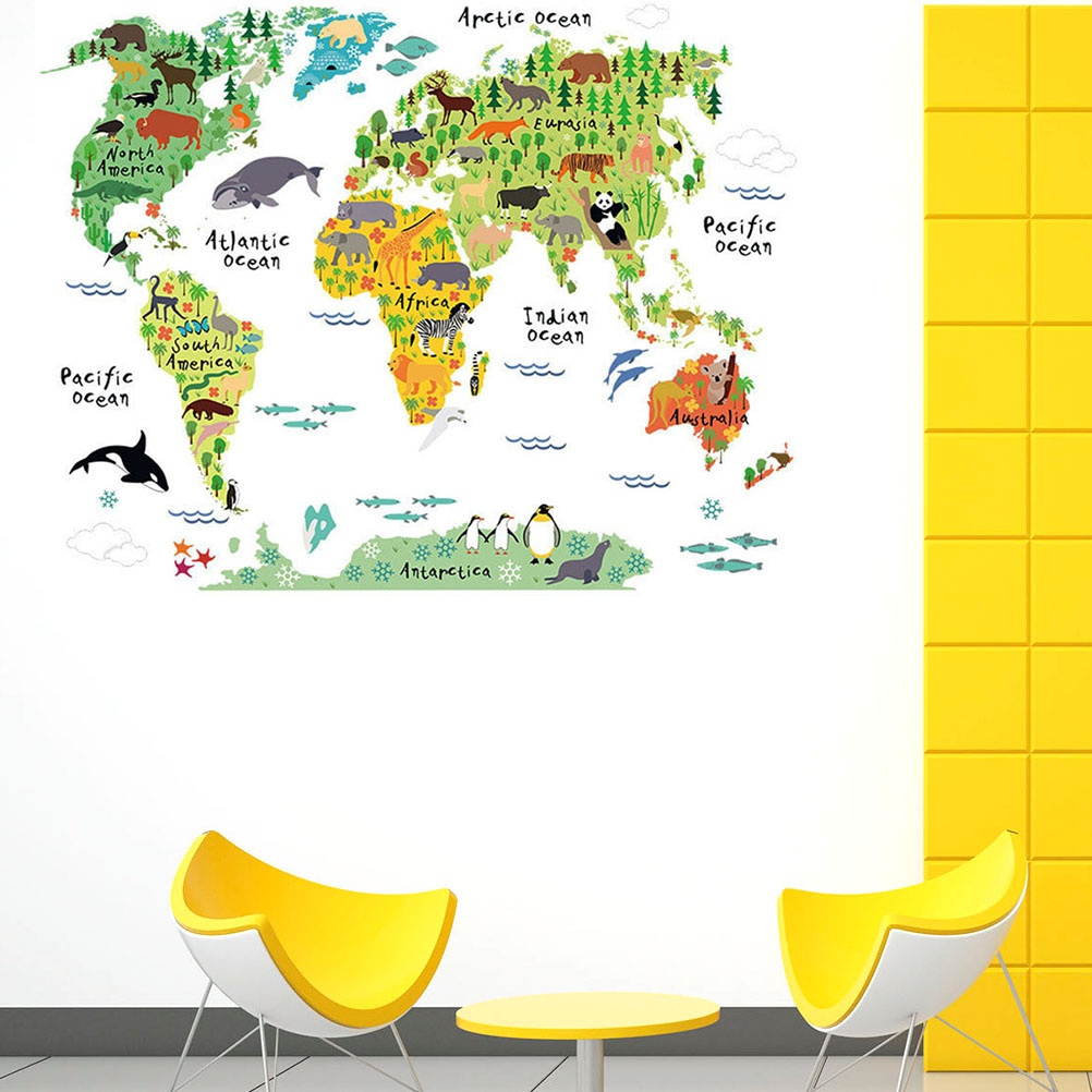 2pcs Animal World Map Sticker Chic Wallpaper Unique Wall Decal Decorative Sticker for Kids Room Home