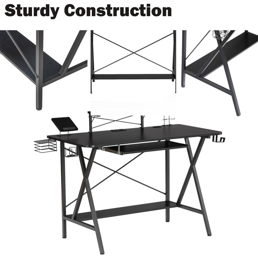 Gaming Desk, SEGMART 47" PC Computer Desk, Home Office PC E-Sports Gaming Workstation Table with Cup Holder & Headphone Hook, Gamer Tables Writing Table with PC Stand Shelf Keyboard Stand, Black, R028