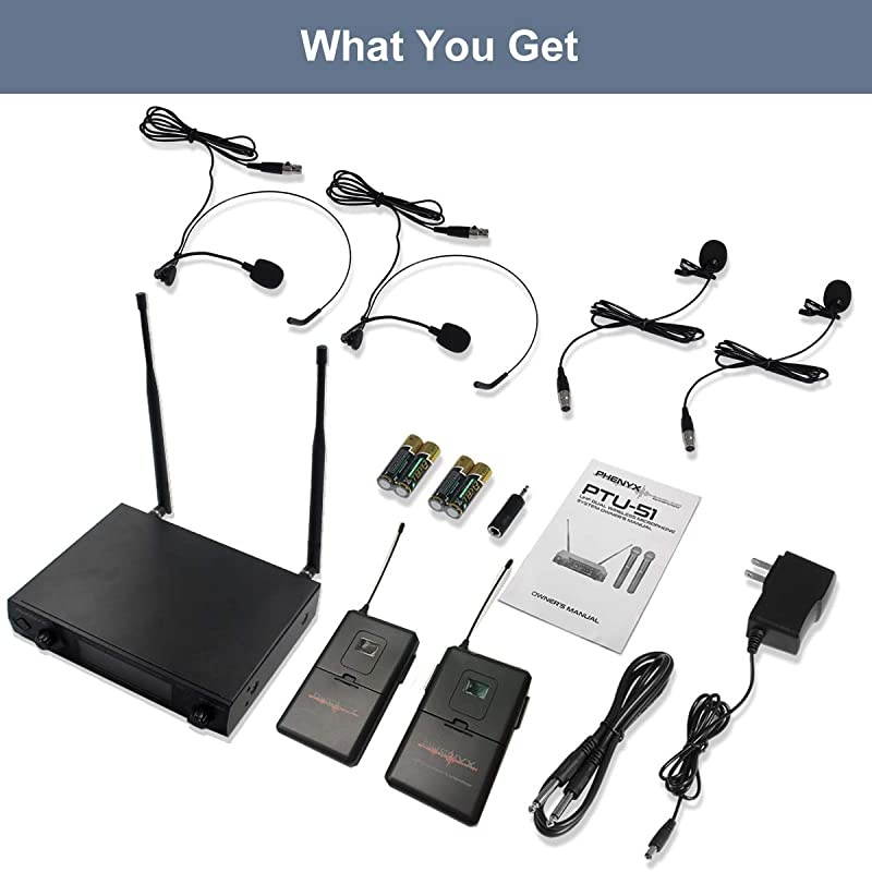 Metal Wireless Receiver  UHF Wireless Microphone System With 2 Bodypacks 2 Lapels and 2 Headsets Fixed Frequency 16 Hrs Long Battery Life Ideal for Church Outdoor Events PTU51D