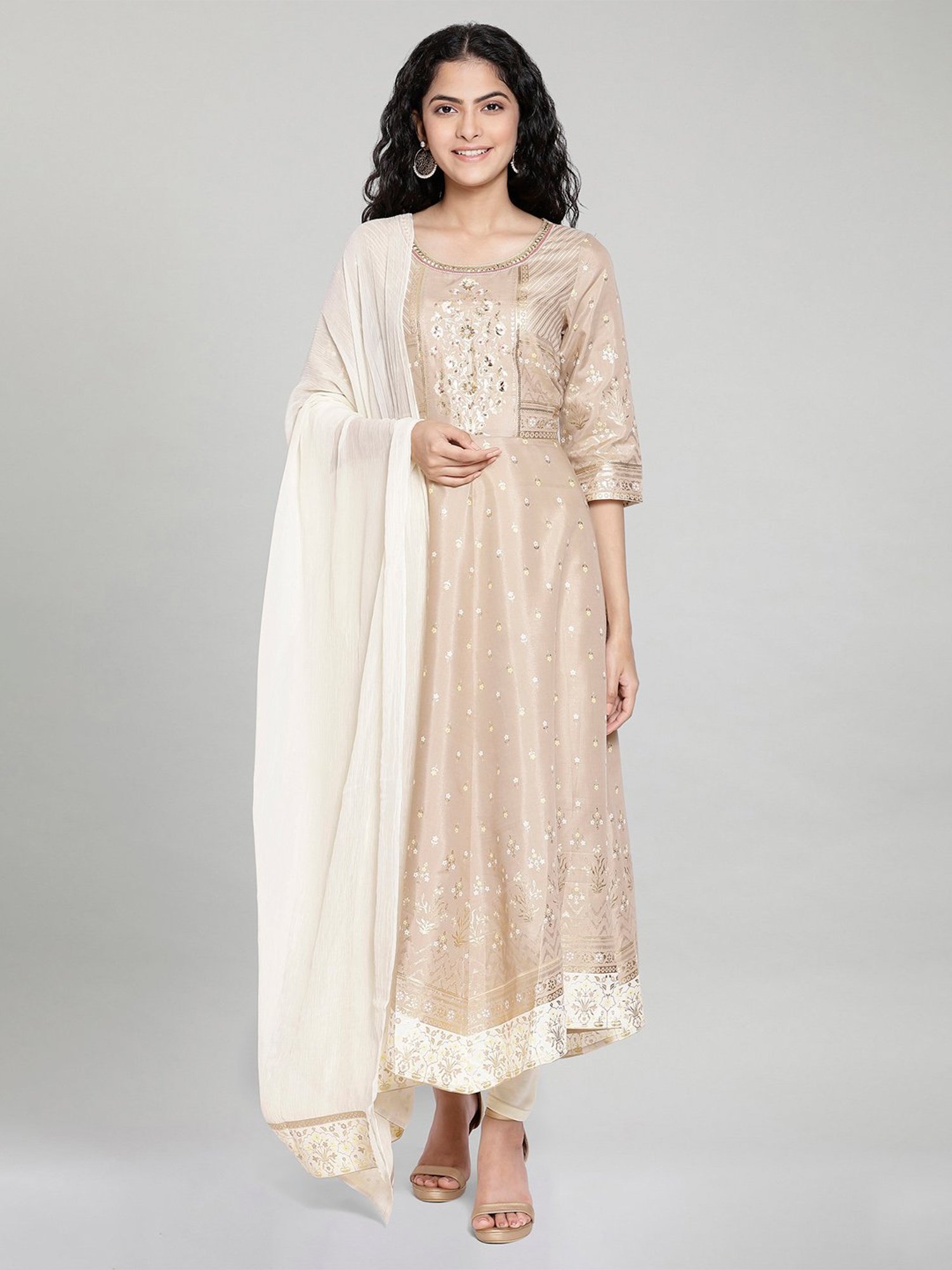 Aurelia Beige Printed Kurta & Tight With Dupatta
