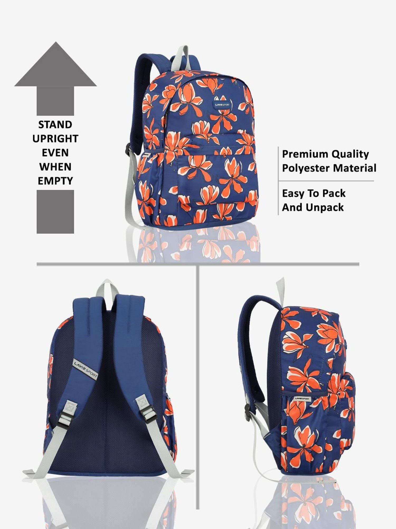 Lavie Sport Bloomy 18L Printed Casual Backpack |School Bag for Girls (Navy)