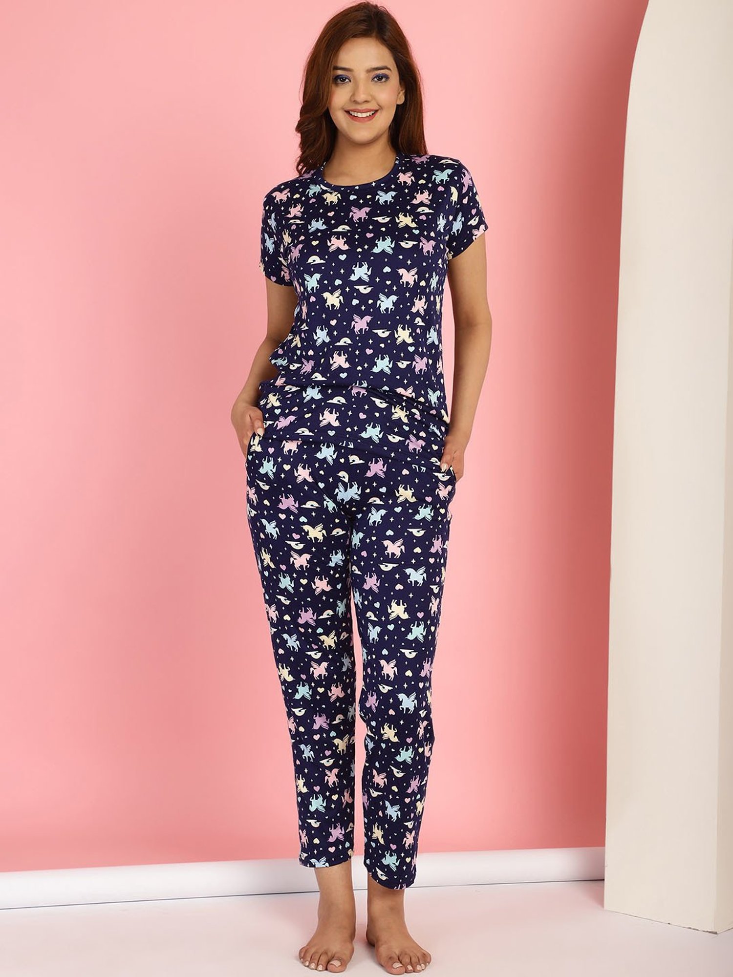 Gracit Dark Blue Cotton Printed Top With Pyjamas