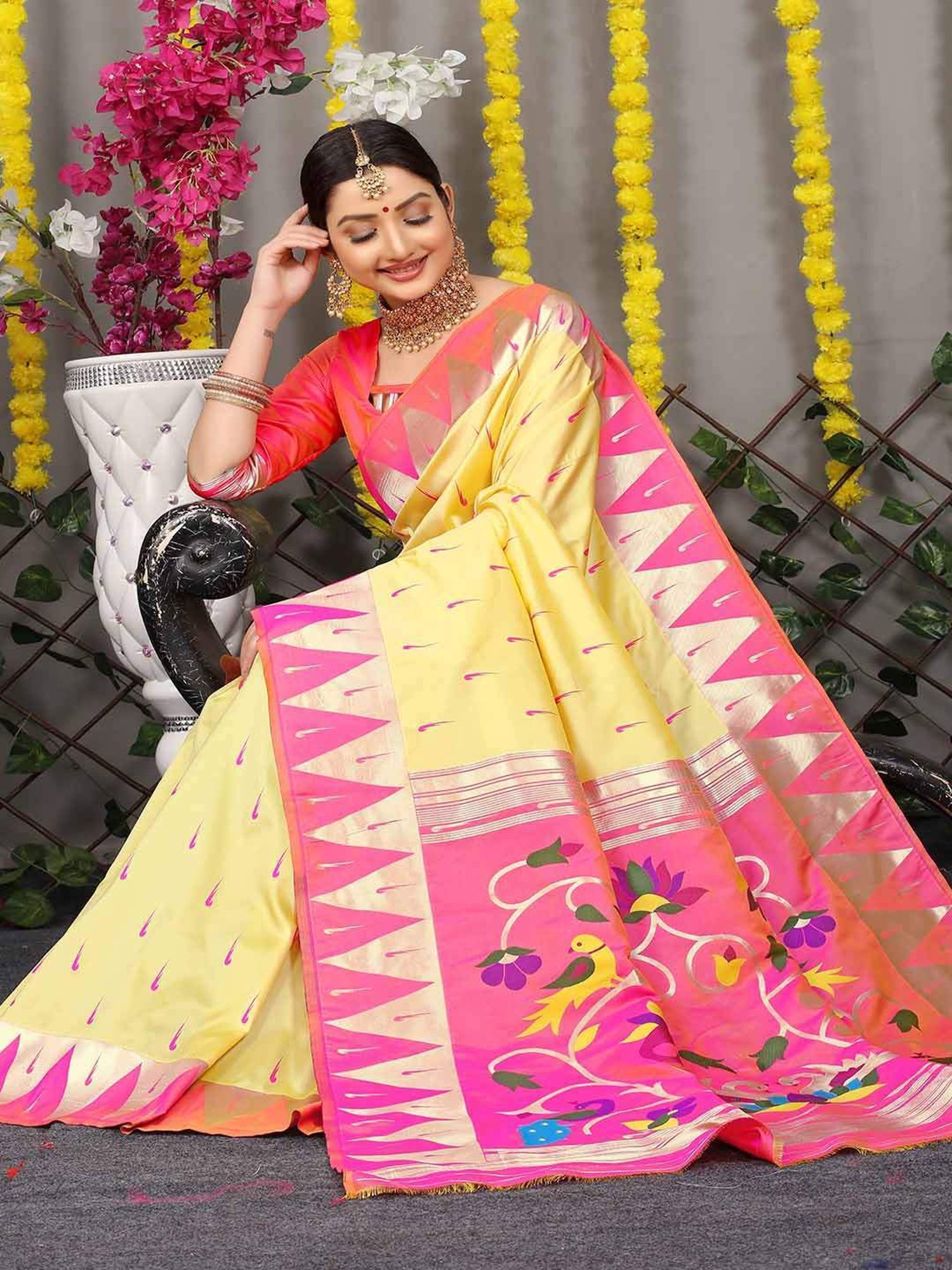 SHUBHKALA Light Yellow Silk Woven Saree With Unstitched Blouse