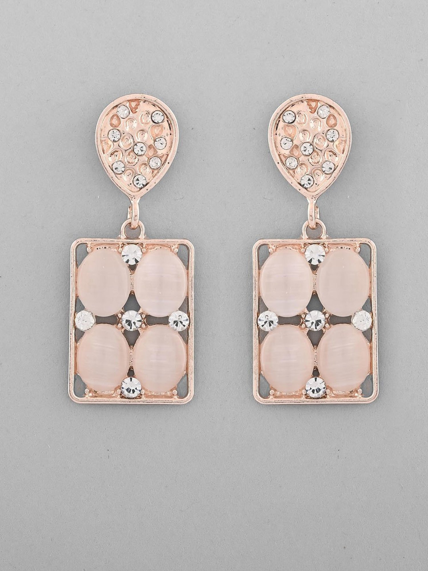 VOJ Rose Gold Plated Stone Studded Rectangular Drop Earrings for Women