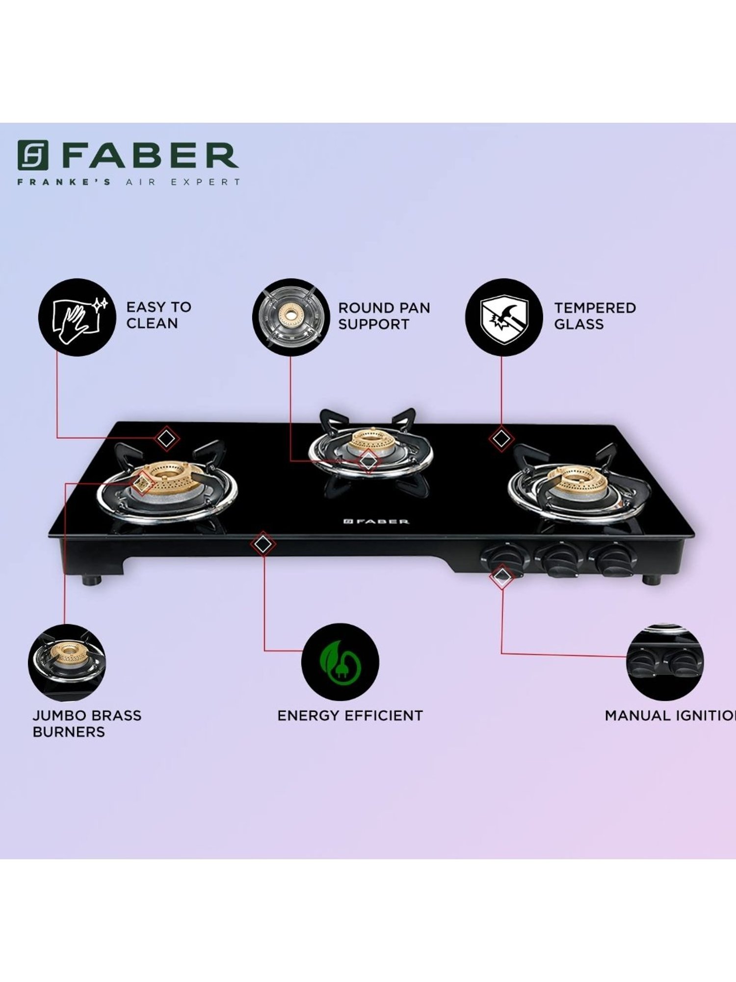 Faber Glass Top 3 Burner Gas stove with Jumbo Burner, Powder Coated Pan Support (Black)