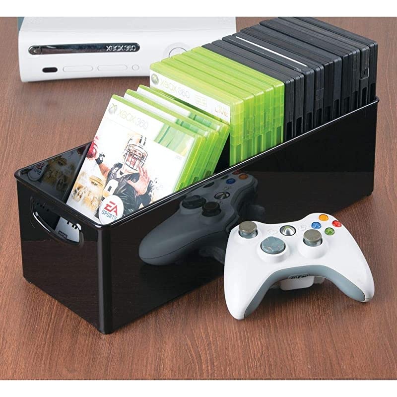 Plastic Stackable Household Storage Organizer Container Bin with Handles for Media Consoles Closets Cabinets Holds DVDs Video Games Gaming Accessories Head Sets 2 Pack Black