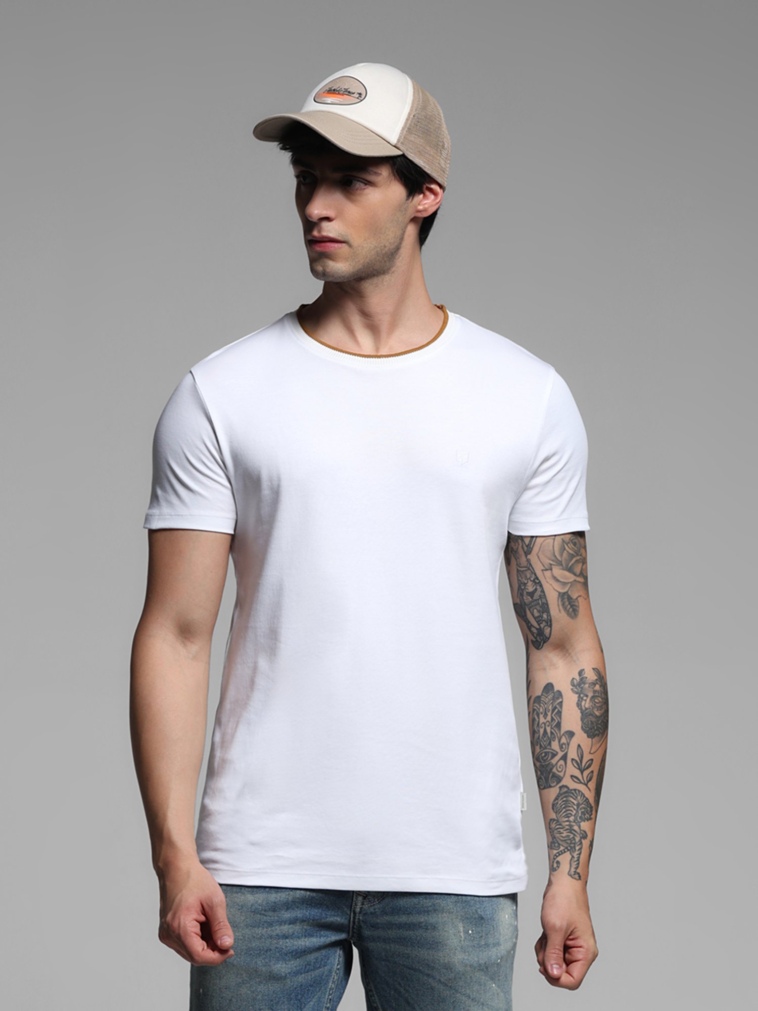 Jack & Jones White Cotton Slim fit Solid T-Shirts