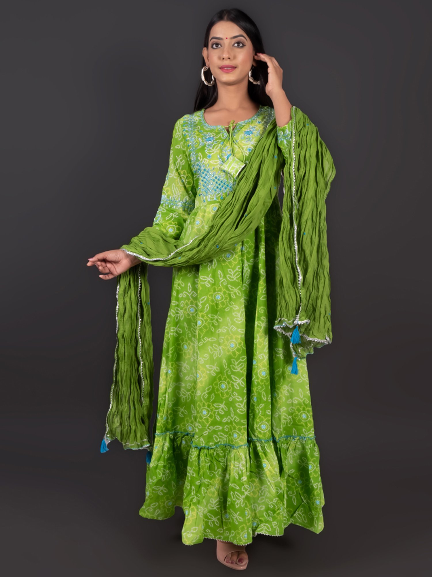 Zolo Label Green Cotton Embroidery Maxi Dress With Dupatta