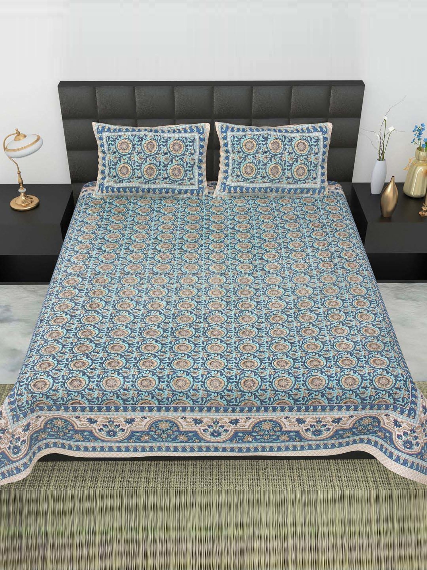 BELLA CASA Ethnic Collection Green Cotton 180 TC King Bedsheet with 2 Pillow Covers