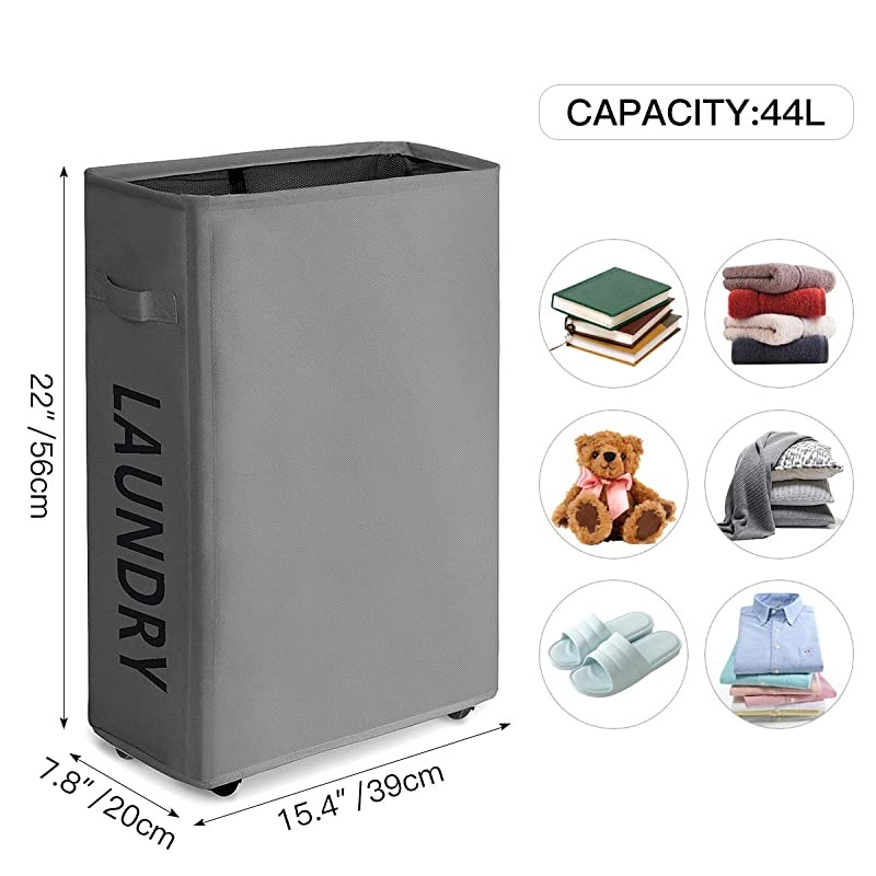 Laundry Hamper With Wheels Slim Laundry Basket Foldable Dirty Clothes Basket Portable Rolling Laundry Organizer for Corner Narrow (22 inches, Grey)