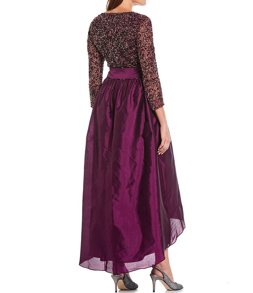 Pisarro Nights Beaded Bodice Taffeta Hi-Low Round Neck 3/4 Sleeve Dress