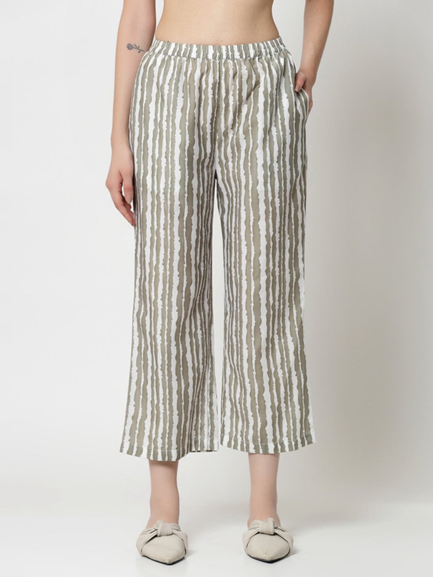 Office & You Olive Striped Regular Fit Mid Rise Palazzos