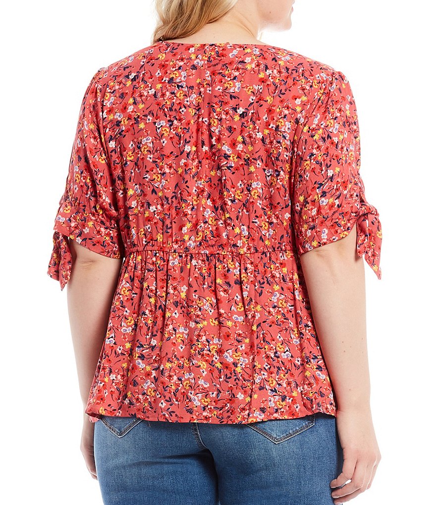 Jessica Simpson Plus Size Floral Print V-Neck Tie Short Sleeve Empire-Waist Peplum Top
