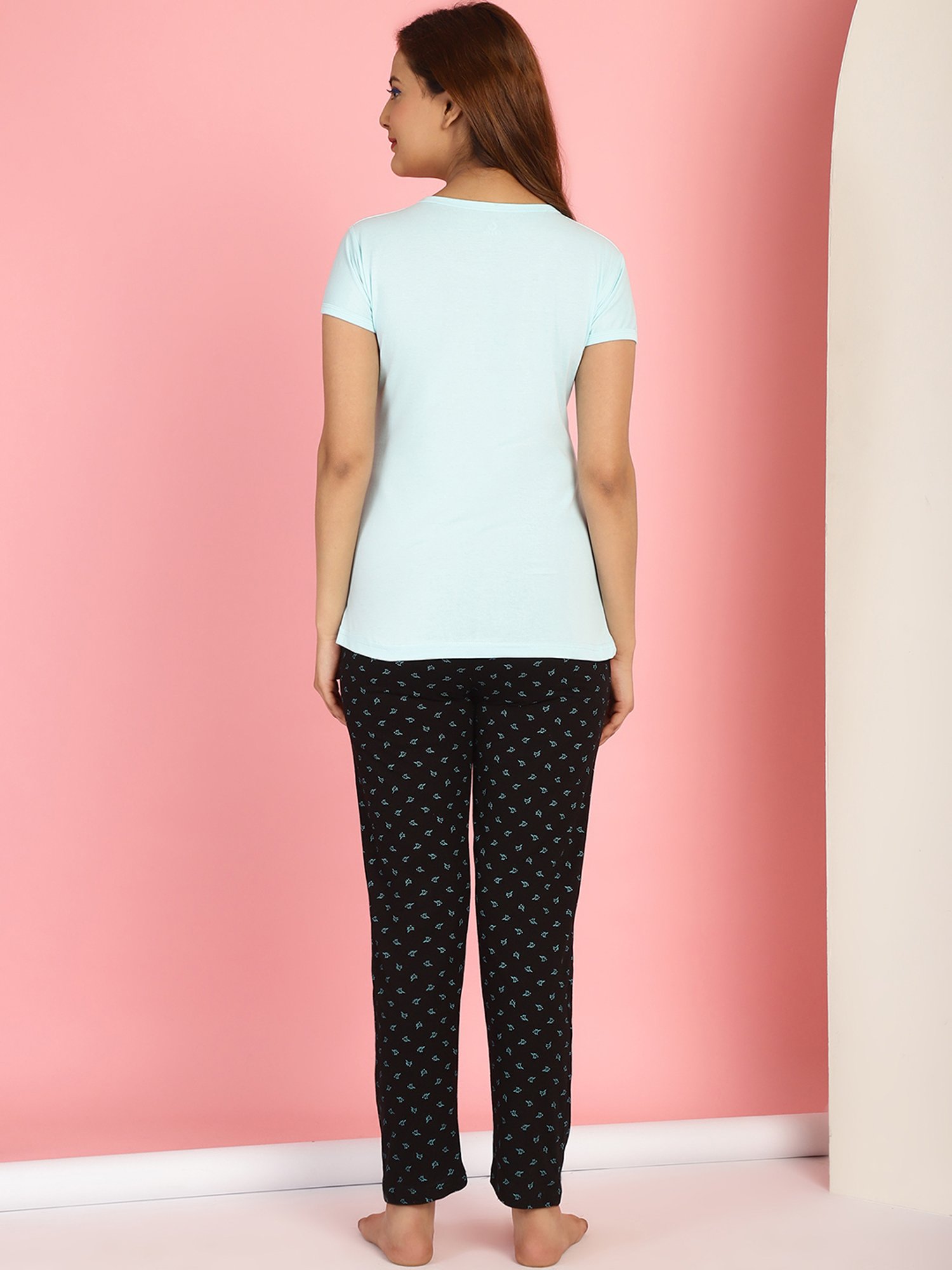 Gracit Turquoise & Black Cotton Printed Top With Pyjamas