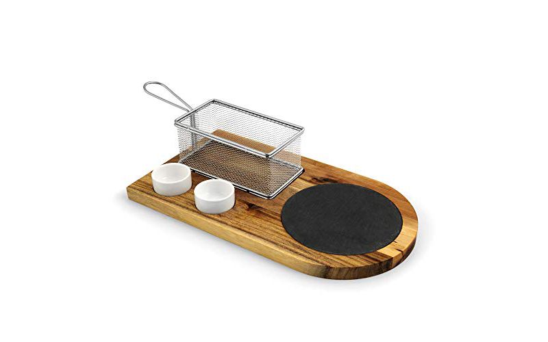 Yukon Glory Burger Board Set, Includes Premium Acacia Wood Board With Slate, Stainless Steel Fry Basket, Porcelain Condiment Cups