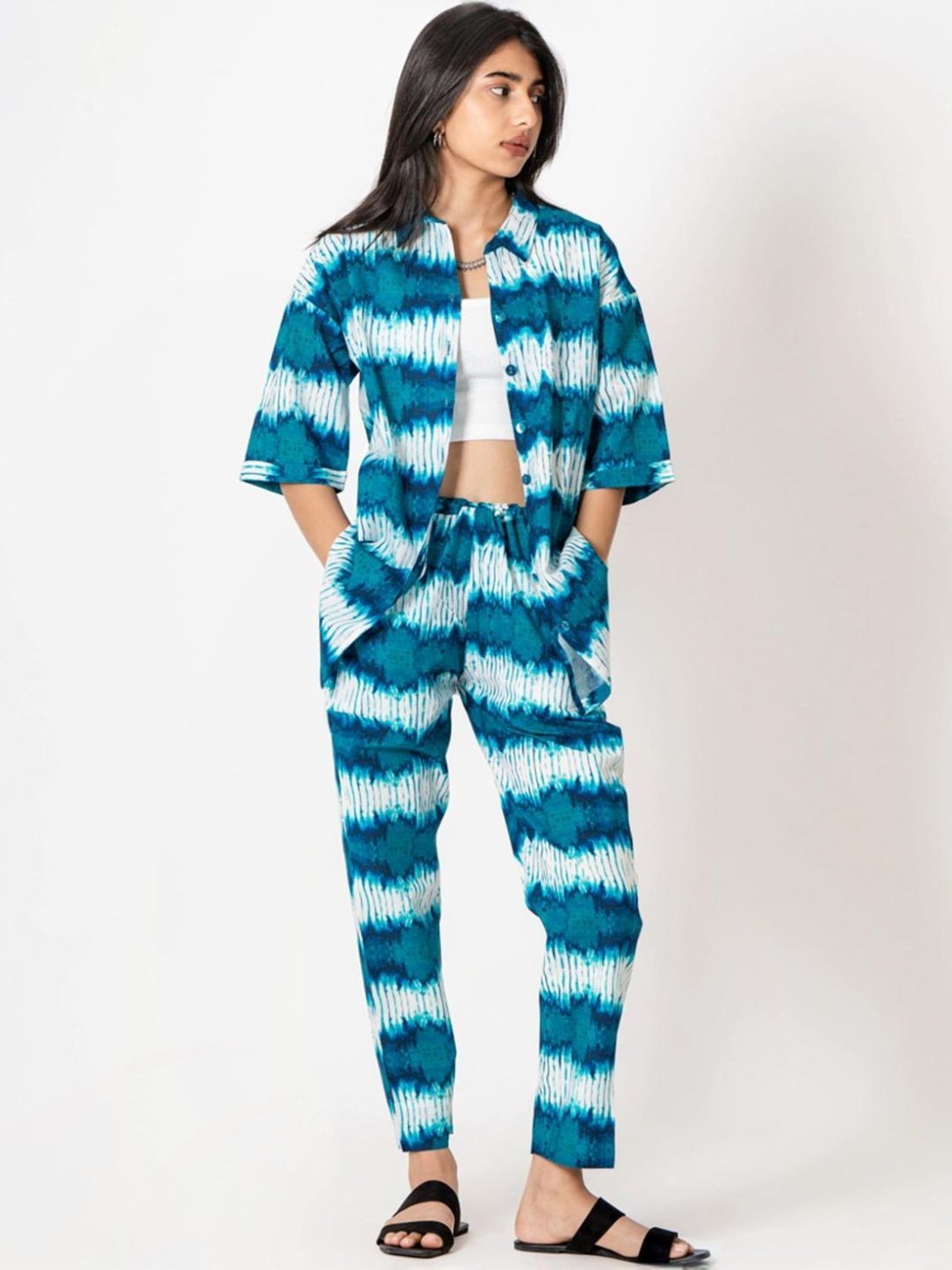 Kameez by Pooja White & Turquoise Blue Capsule 24 Digital Print Cotton Shirt and Pant Co-ord Set