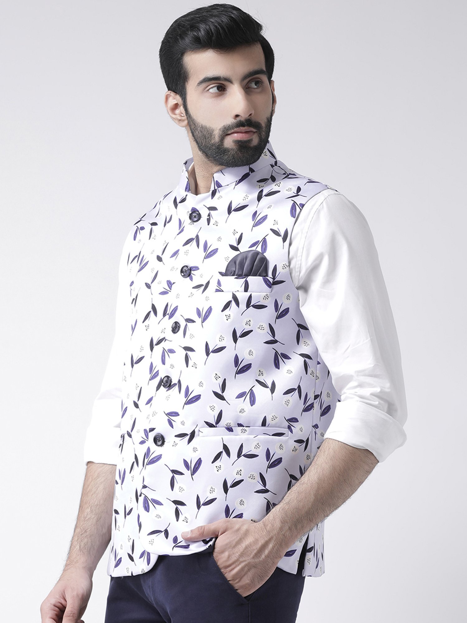 Hangup Plus White & Purple Regular Fit Printed Nehru Jacket