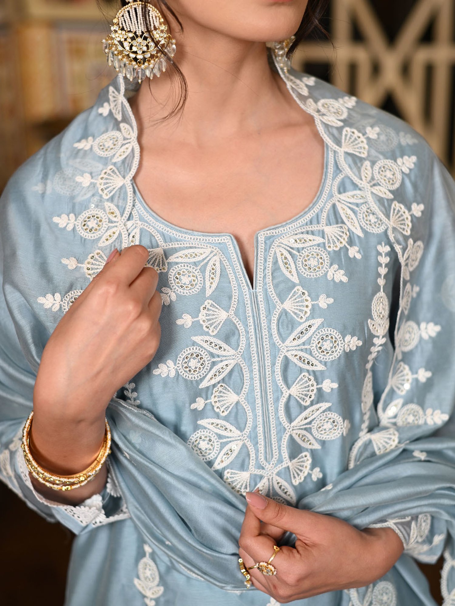 Mahee Jaipur Blue Chand Pure Chanderi Suit Set with Threadwork and Scallope dupatta