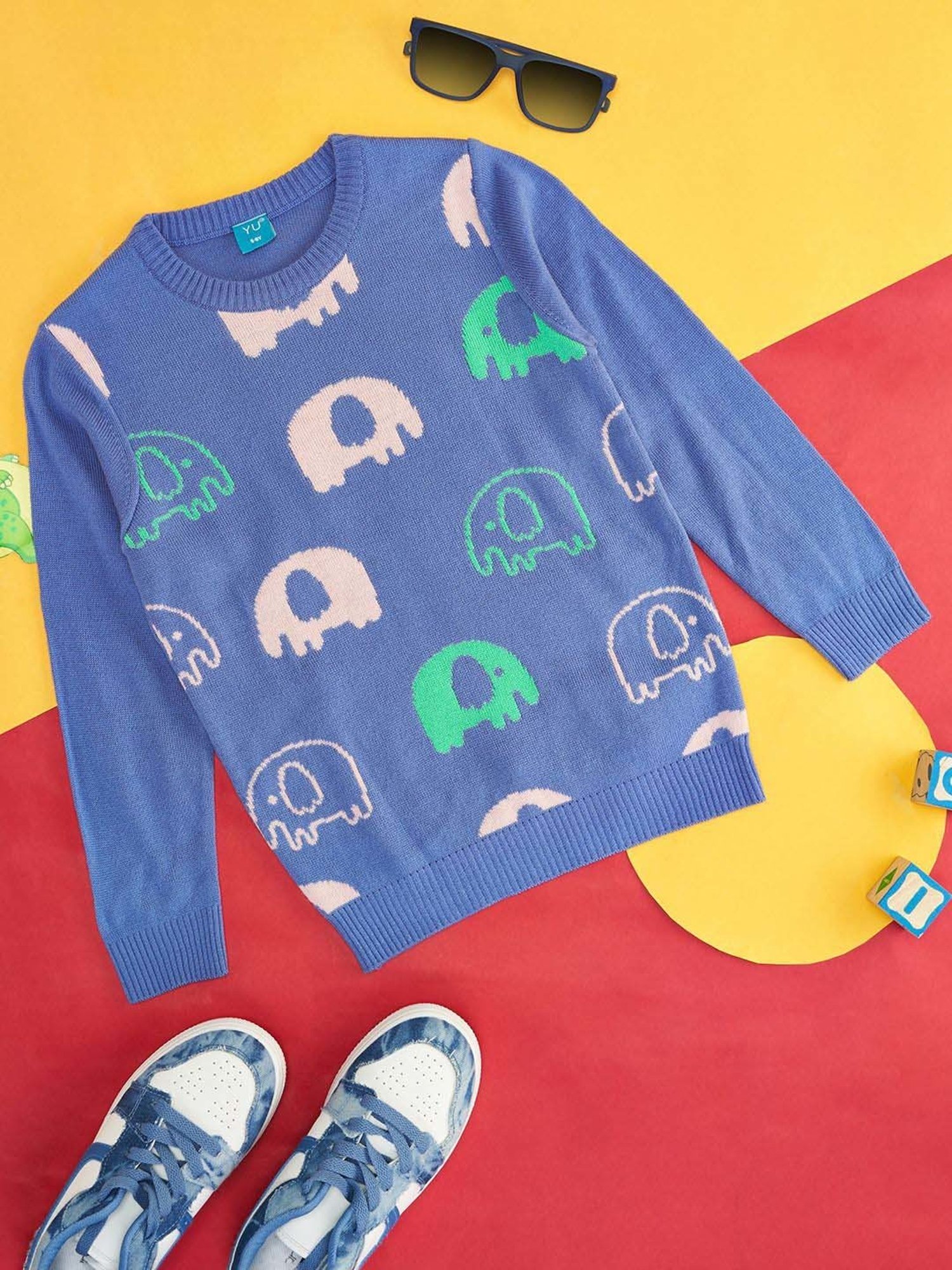 YU by Pantaloons Kids Blue Printed Full Sleeves Sweater