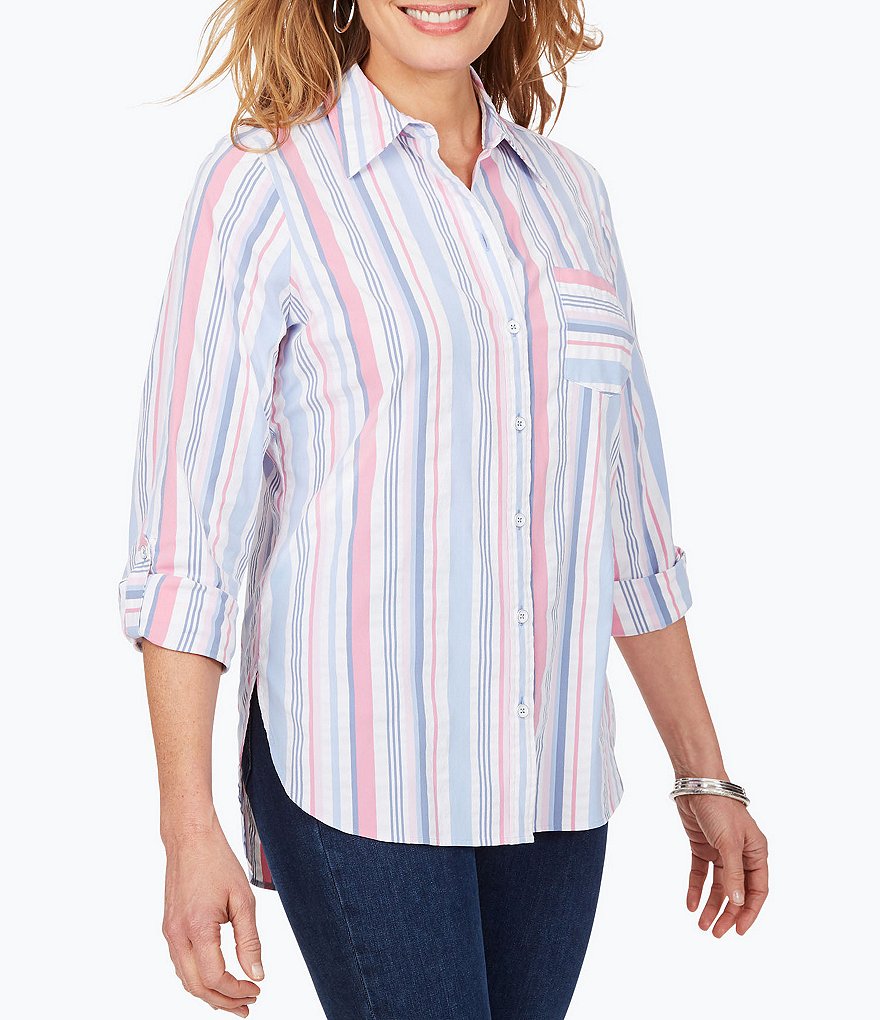 Foxcroft Millie UPF Moisture Wicking Seersucker Stripe Button Front Shirt
