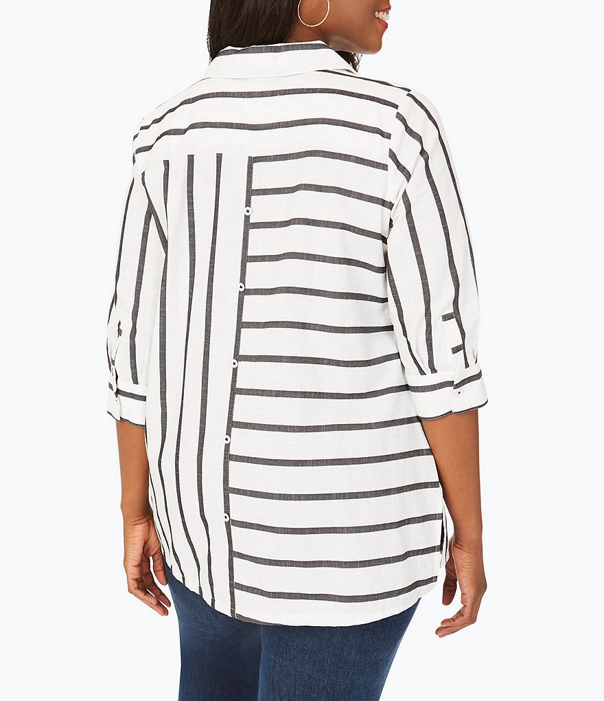 Foxcroft Plus Size Santino Multi-Directional Fleck Stripe Point Collar Neck Button-Down Shaped 3/4 Sleeve Tunic
