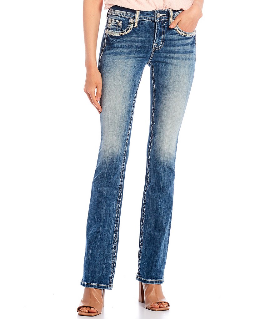 Miss Me Destructed Embellished Stitch Floral Bootcut Jeans