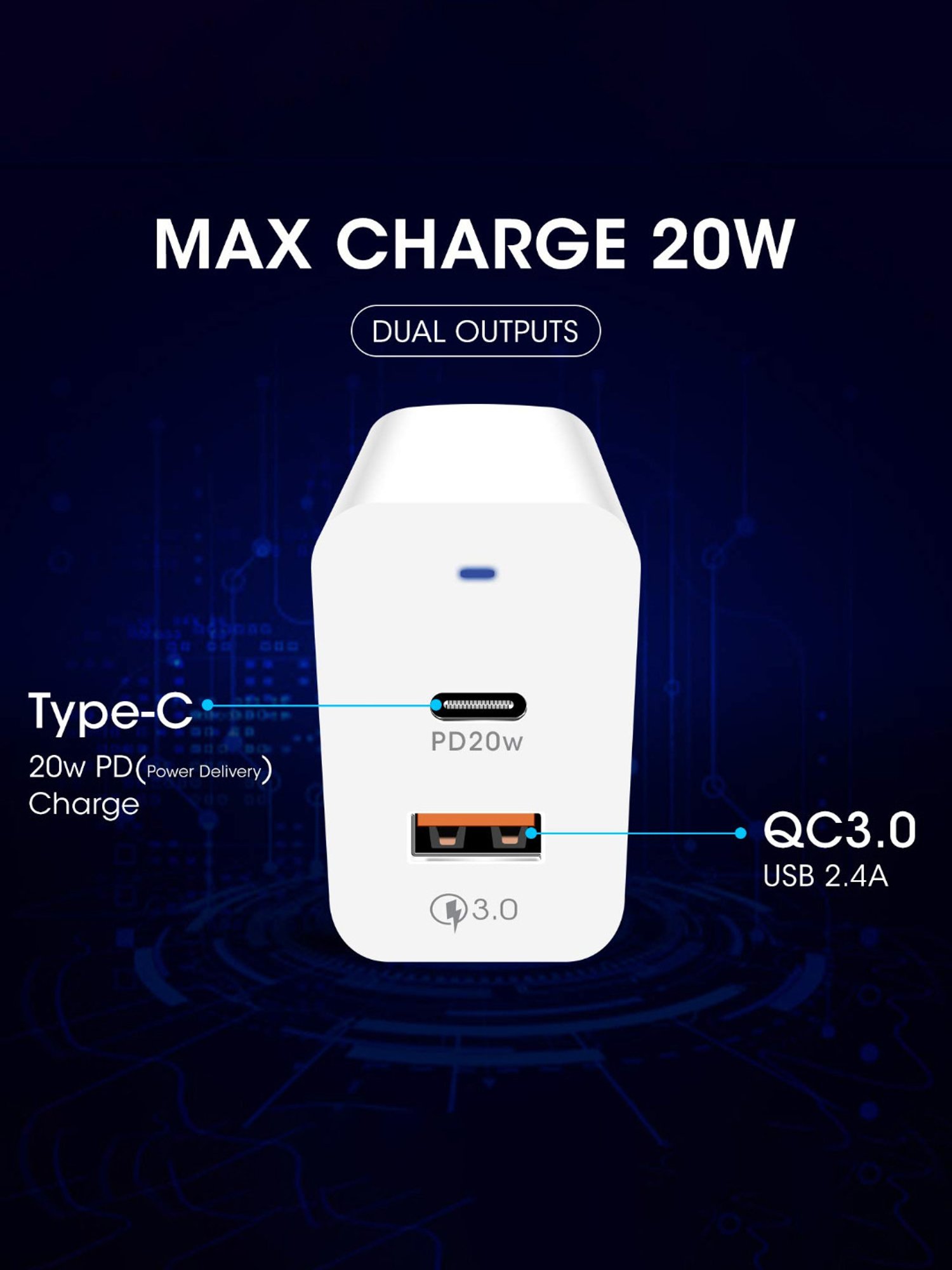 Powerup Stay Charge Turbo Max Charge Dual Port 20W Type-C+Usb (White)