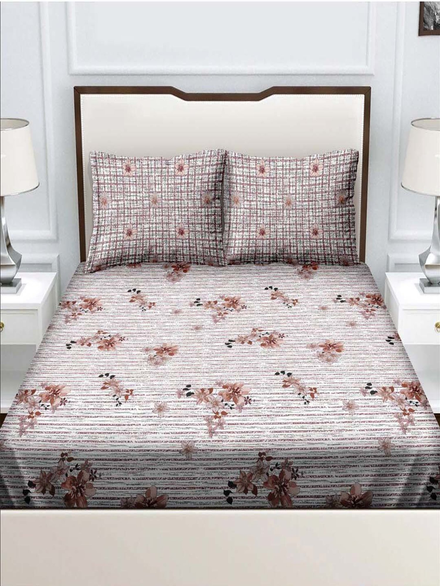 BELLA CASA Genteel Floral Brown 180 TC Cotton King Bedsheet with 2 Pillow Covers
