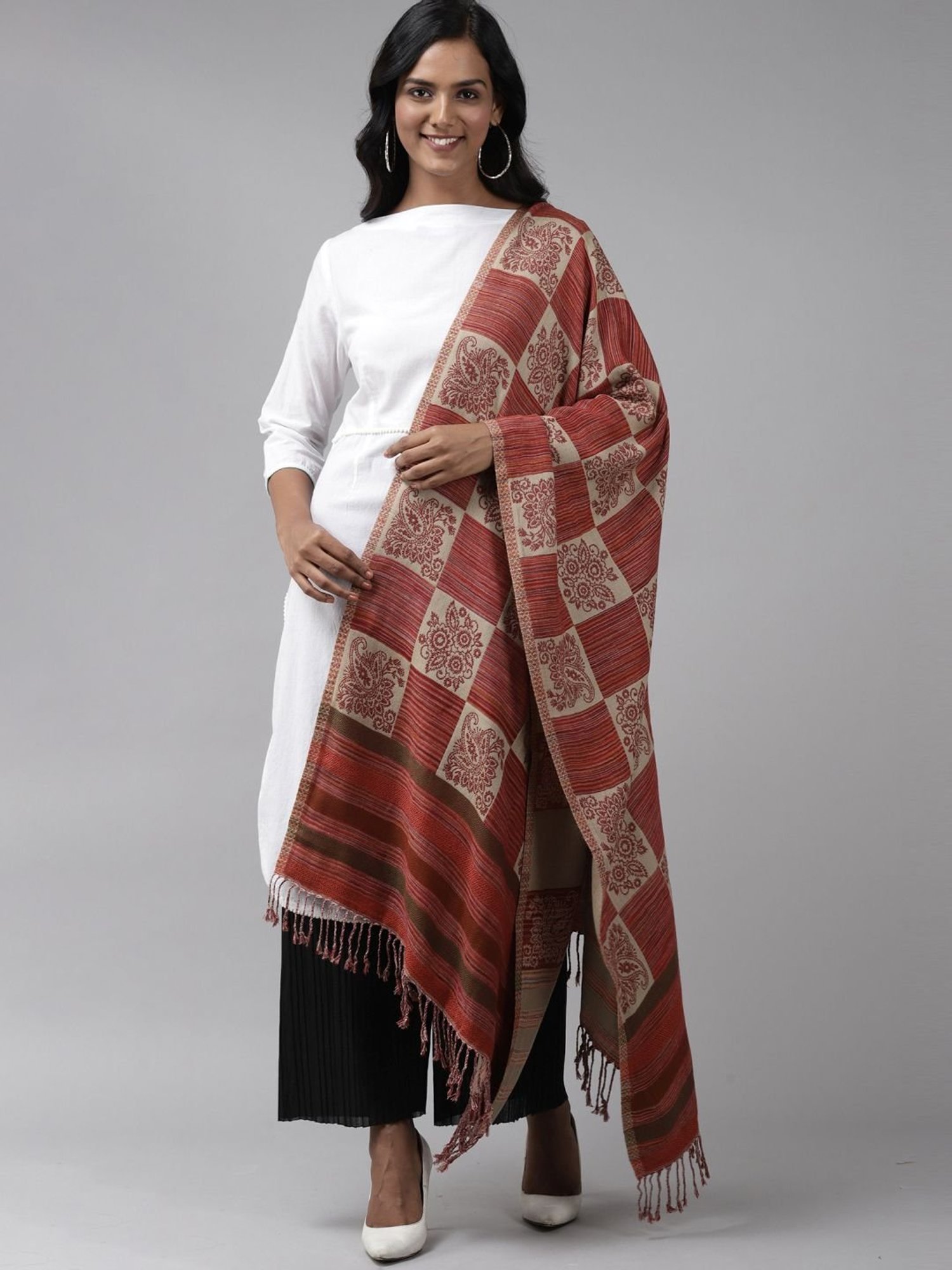 Indo Era Red & Beige Woven Pattern Shawl