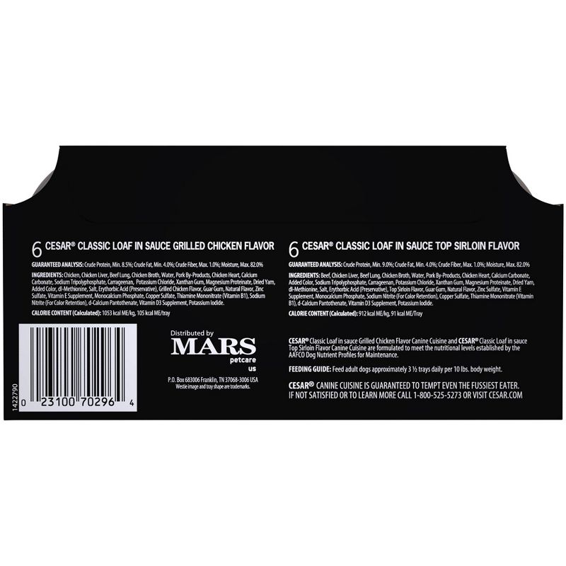 Cesar Classic Loaf in Sauce Wet Dog Food Grilled Chicken & Top Sirloin Flavors - 3.5oz/12ct Variety Pack