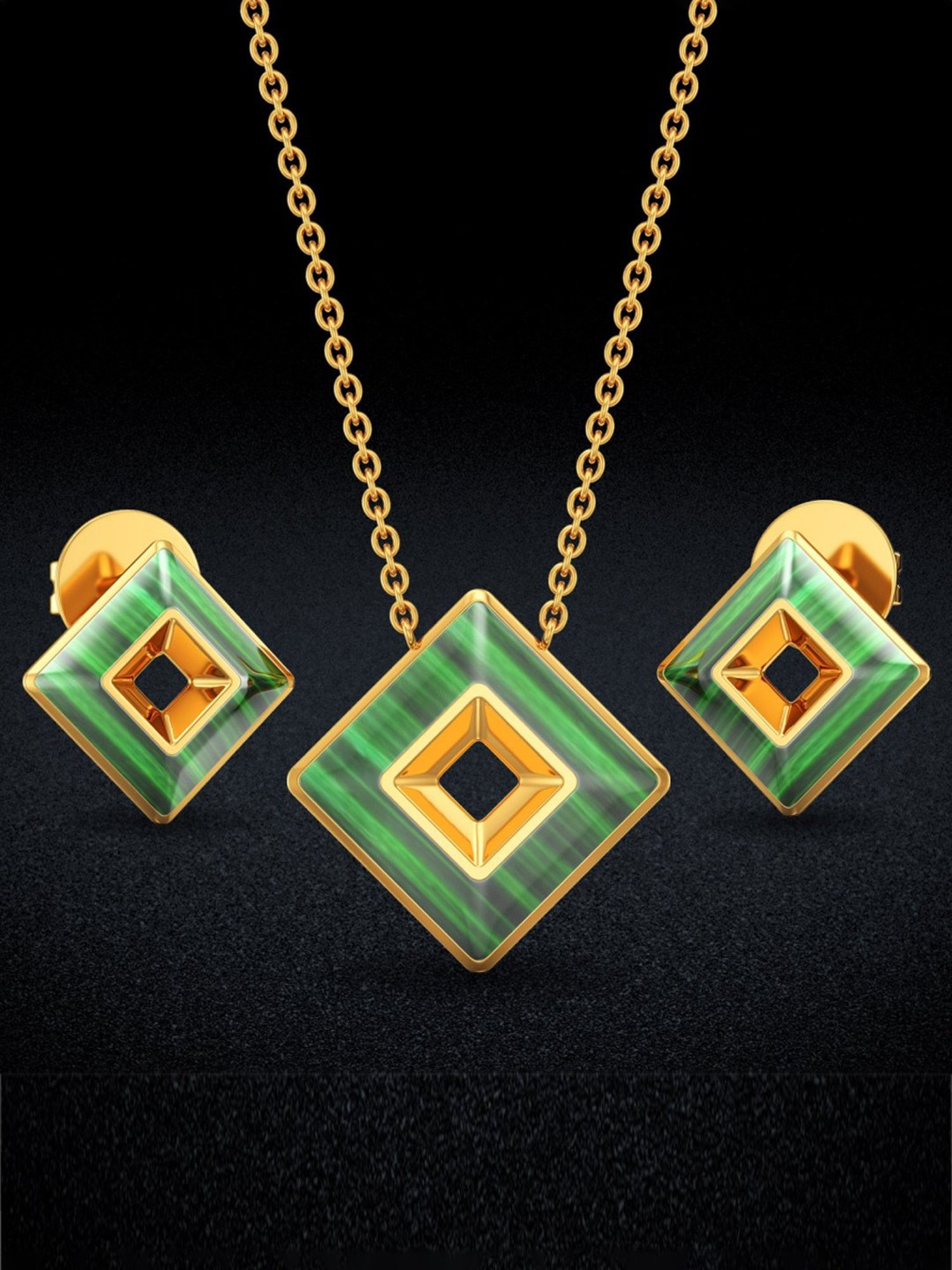 Joyalukkas 22k Gold Greenish Square Glitz Glow Pendant & Earrings Set