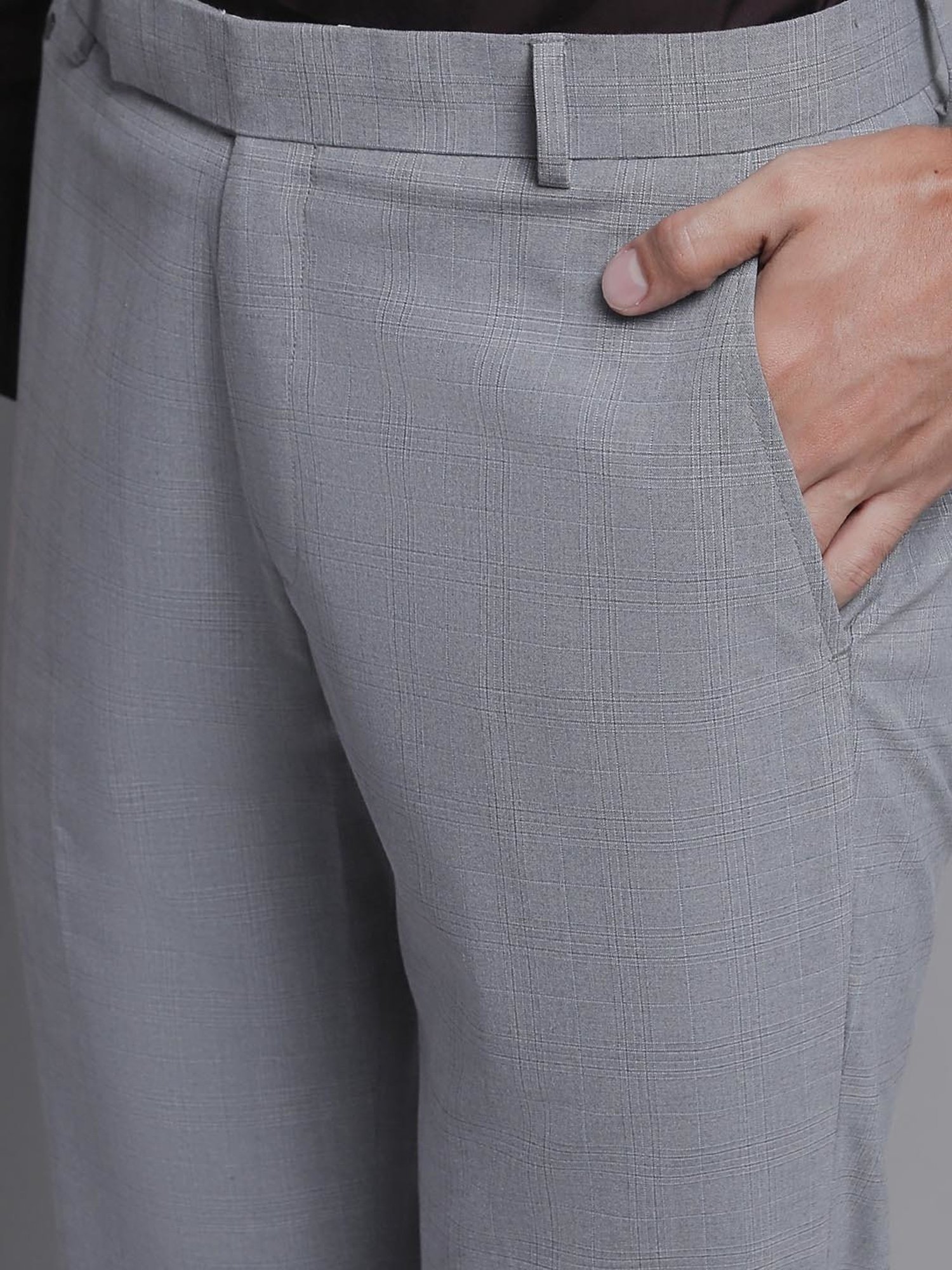 Cantabil Grey Regular Fit Check Flat Front Trousers