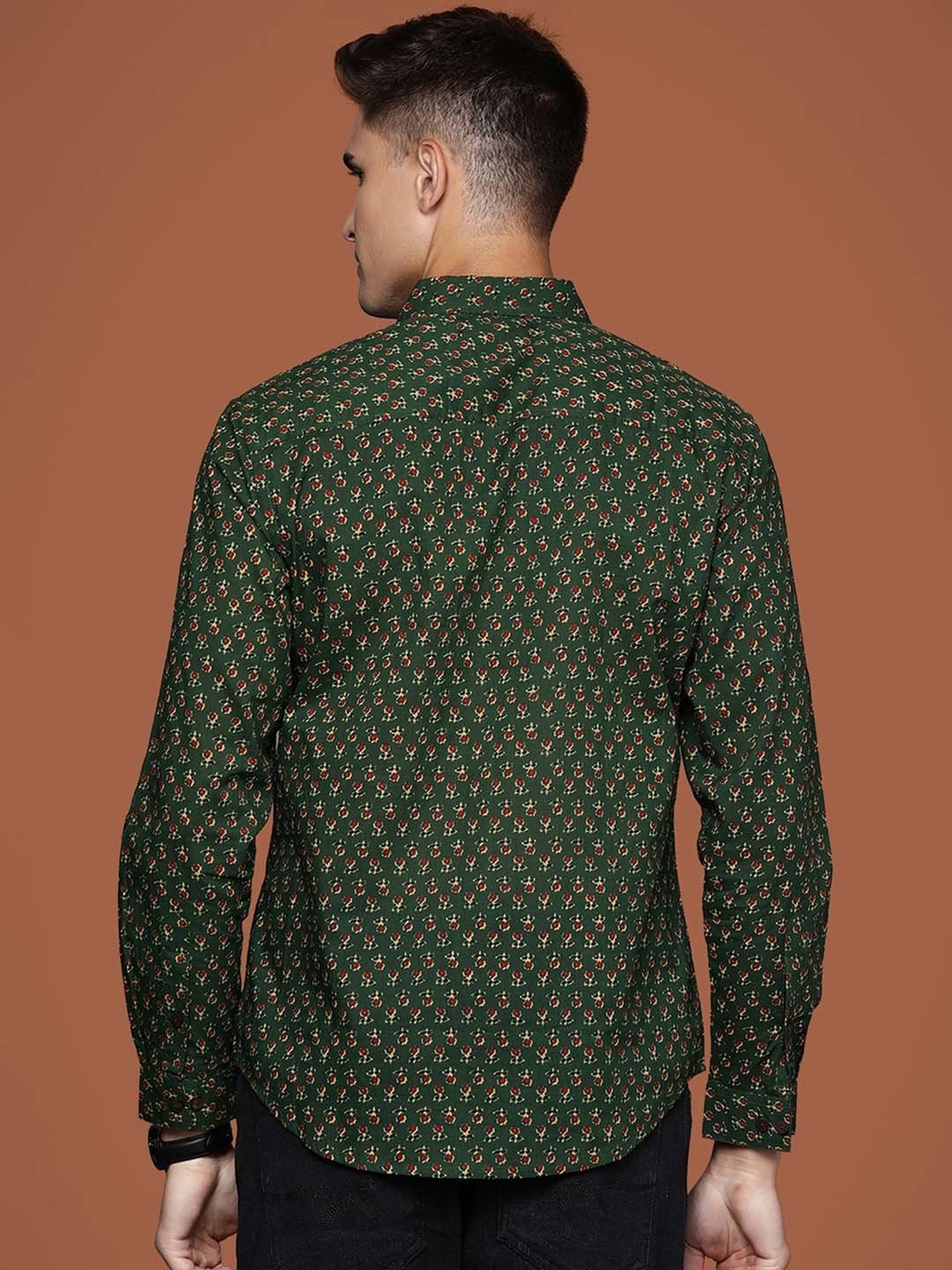 Indo Era Green Regular Fit Printed Ethnic Shirt