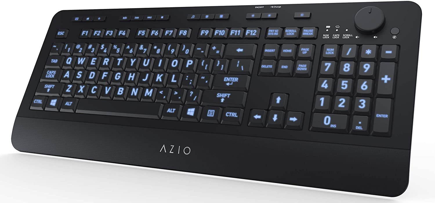 Azio Wireless Keyboard with Large Print Keys, Blue Color Backlight, 2.4gHz USB-RF Rechargeable and Multimedia Productivity Hotkeys (Vision Series KB510W)