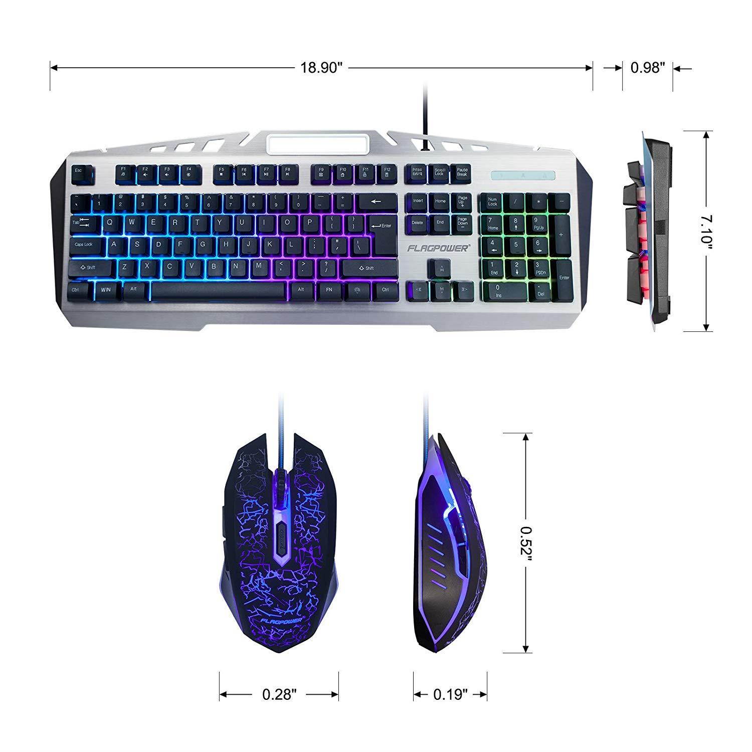 FLAGPOWER Gaming Keyboard Mouse Combo LED Backlit Mechanical Feeling Bundle Set Metal Aluminum-Alloy Phone Holder Computer PC Games Office(New Version)