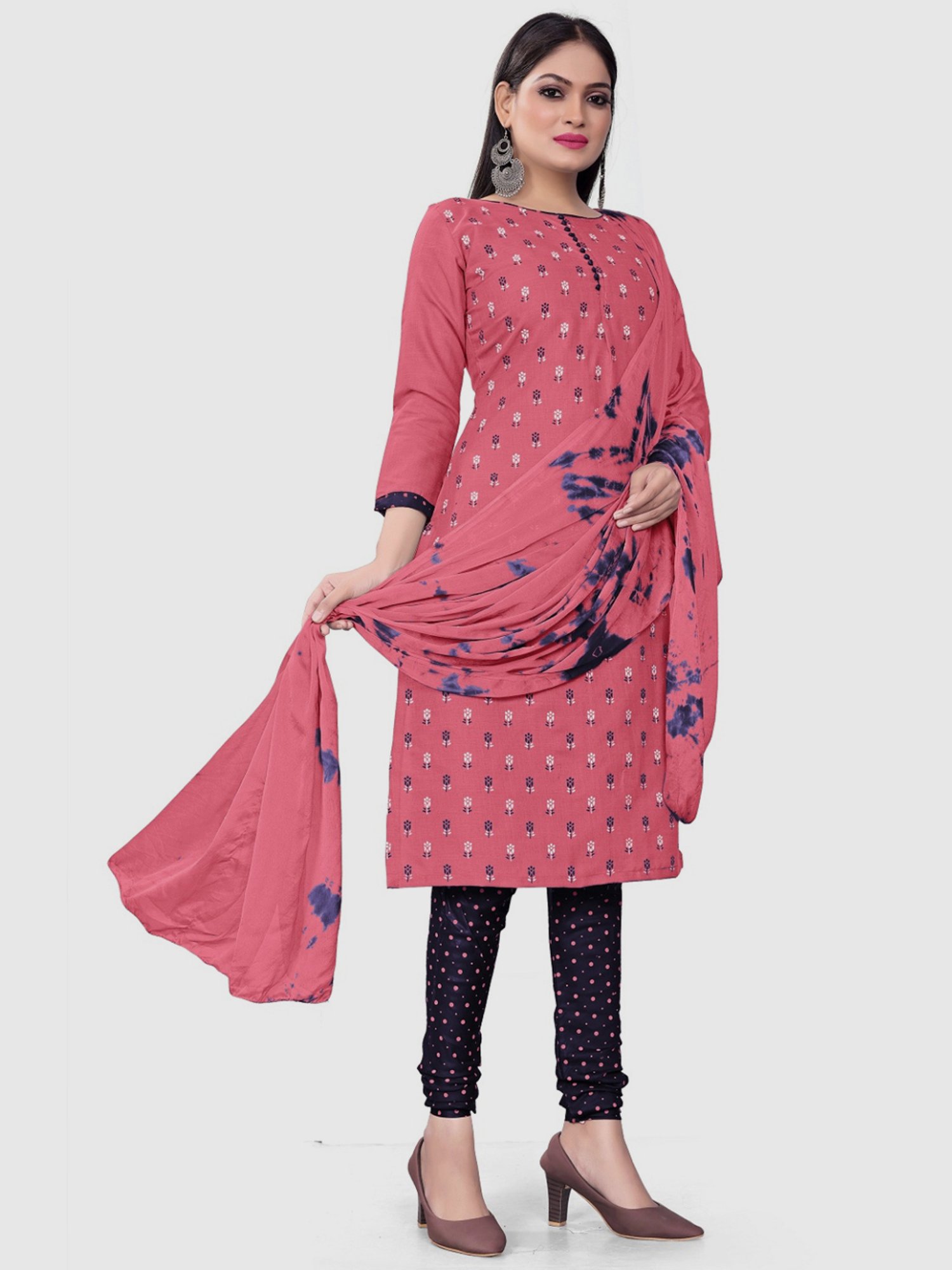 APNISHA Peach & Blue Cotton Printed Unstitched Dress Material