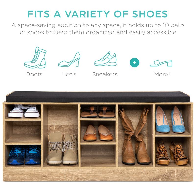 Best Choice Products 46in Shoe Storage Organization Rack Bench for Entryway, Bedroom w/ Padded Seat, 10 Cubbies - Maple