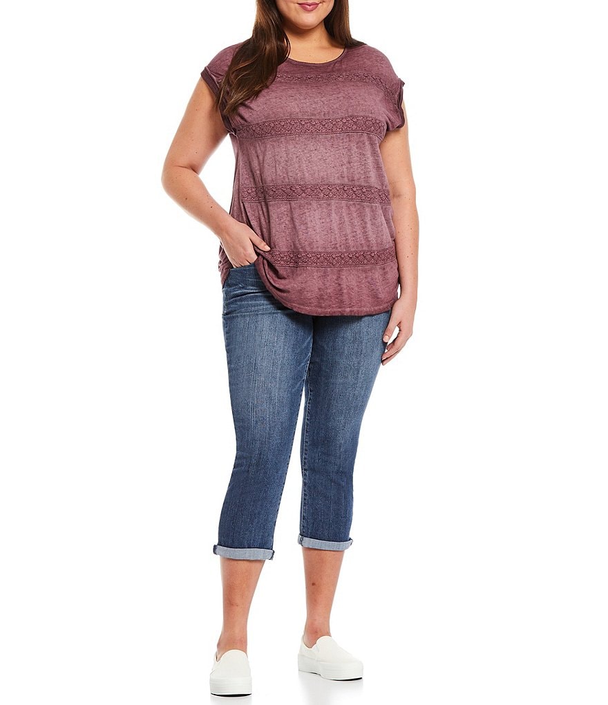 Democracy Plus Size Crochet Stripe Washed Knit Jewel Neck Cap Sleeve Top