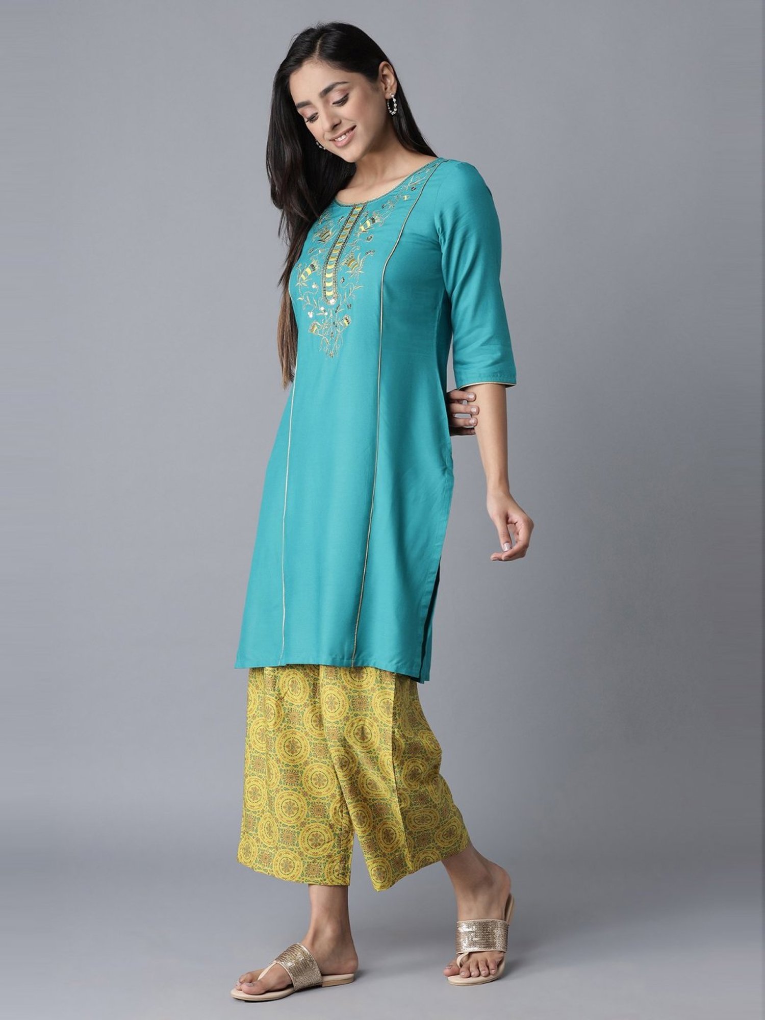 Aure by Aurelia Blue & Yellow Embroidered Kurta Palazzo Set