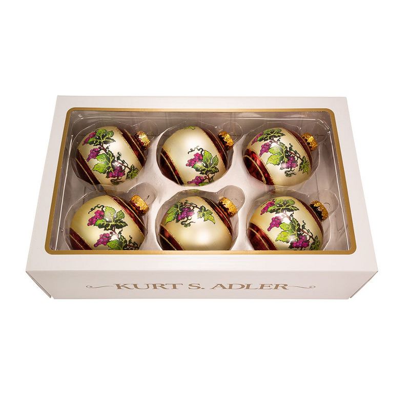 Kurt Adler 80MM Glittered Grapevine Design Glass Ball Ornaments, 6-Piece Box Set