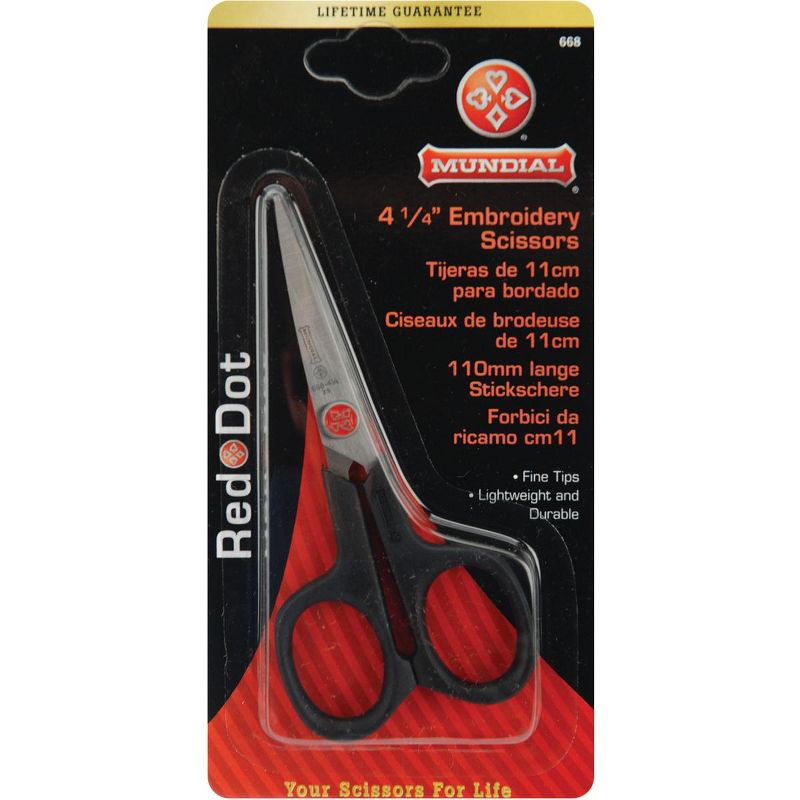 Mundial Red Dot Embroidery Scissors 4.25"-Knife Edge
