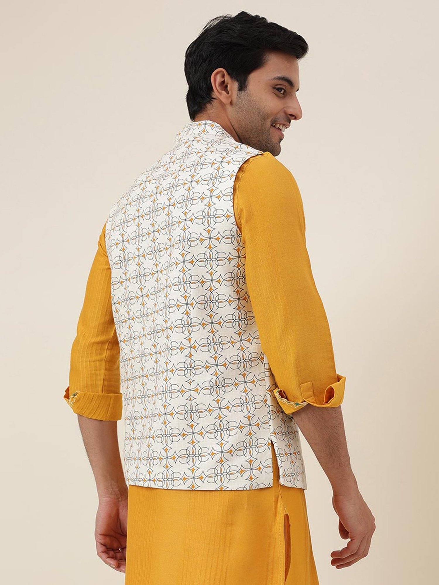 FabBasics by Fabindia Off White Slim Fit Printed Nehru Jacket