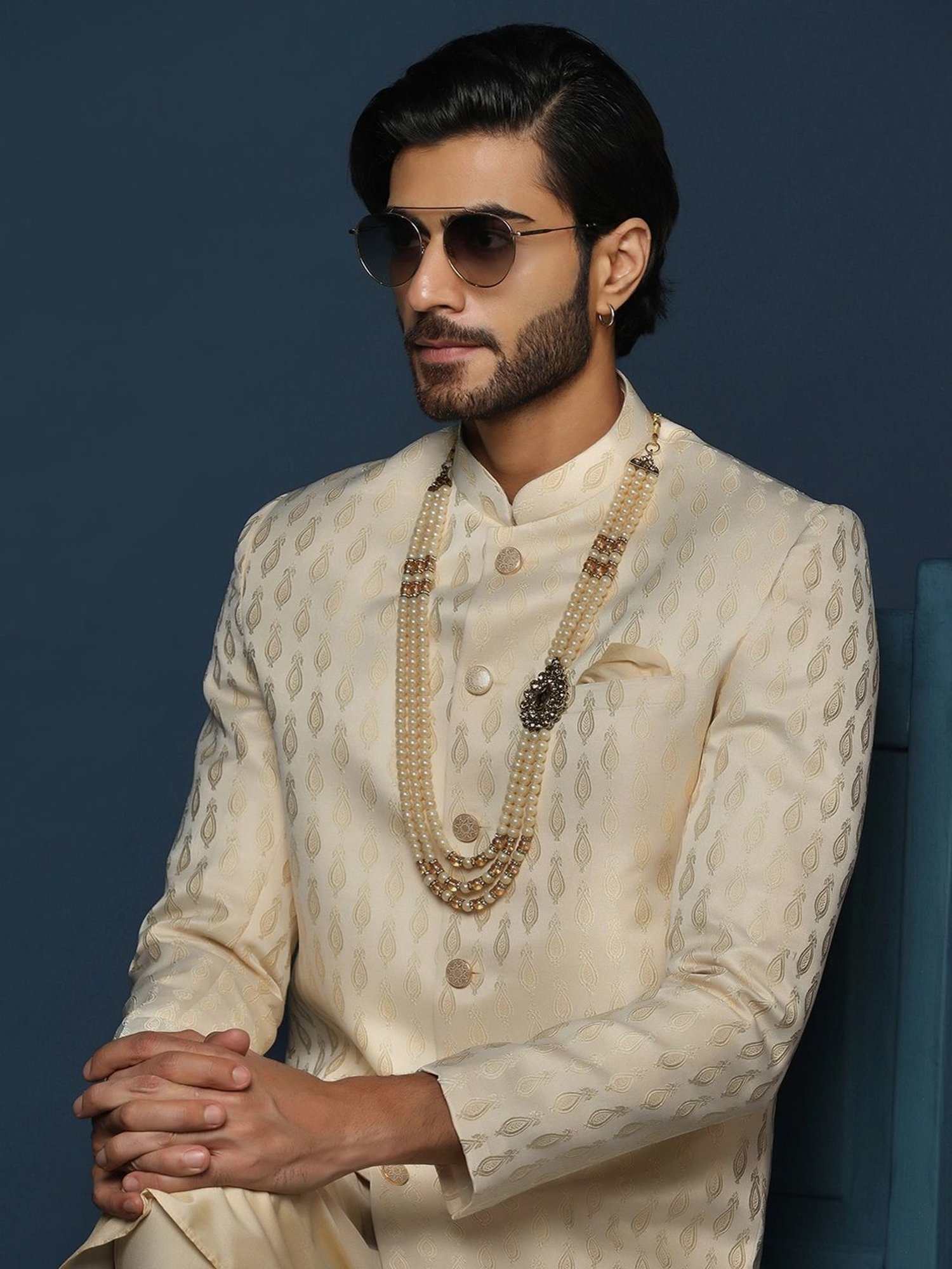 Kisah Beige Regular Fit Jacquard Sherwani Set