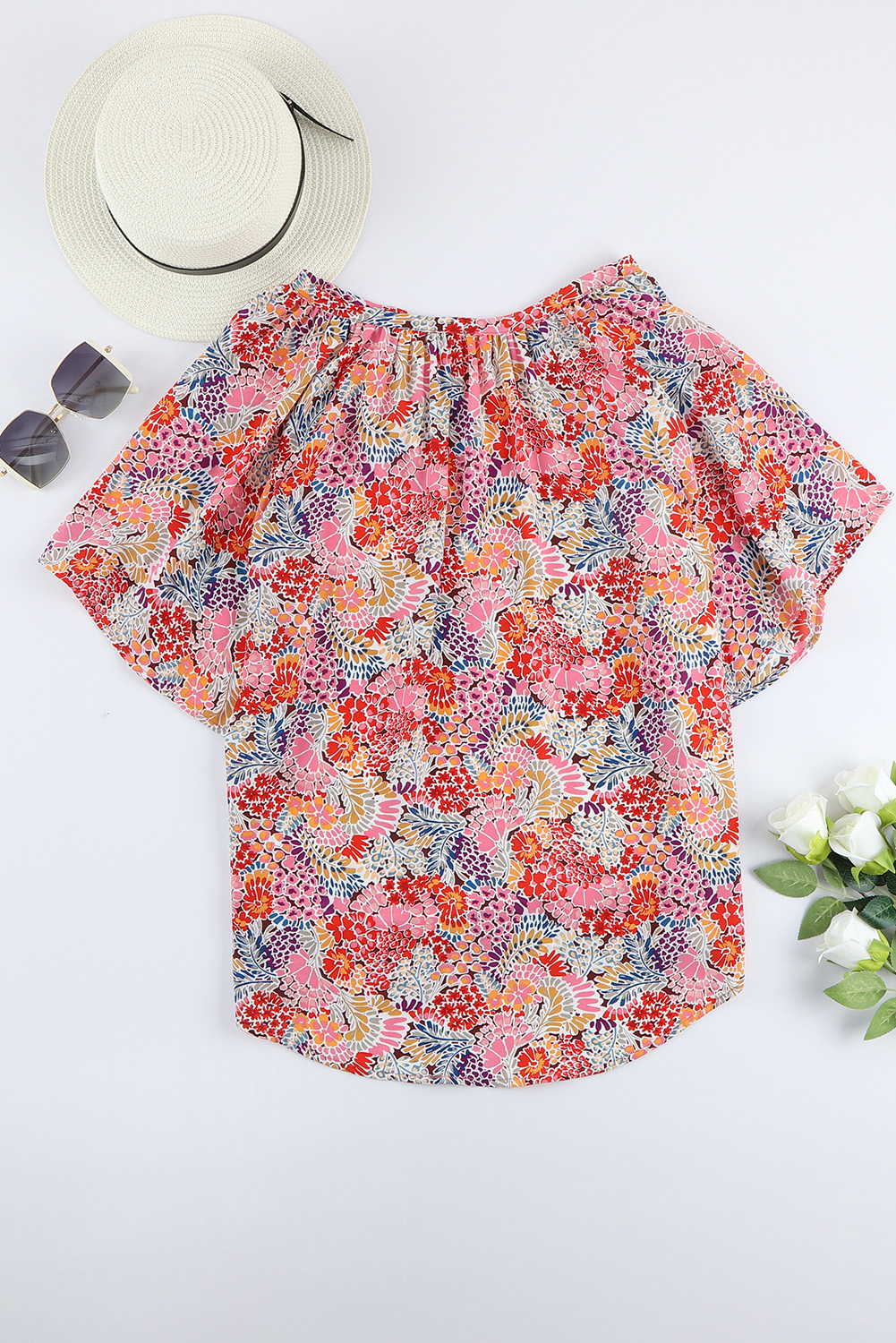 Multicolor Gorgeous Notch V Neck Short Sleeve Floral Blouse